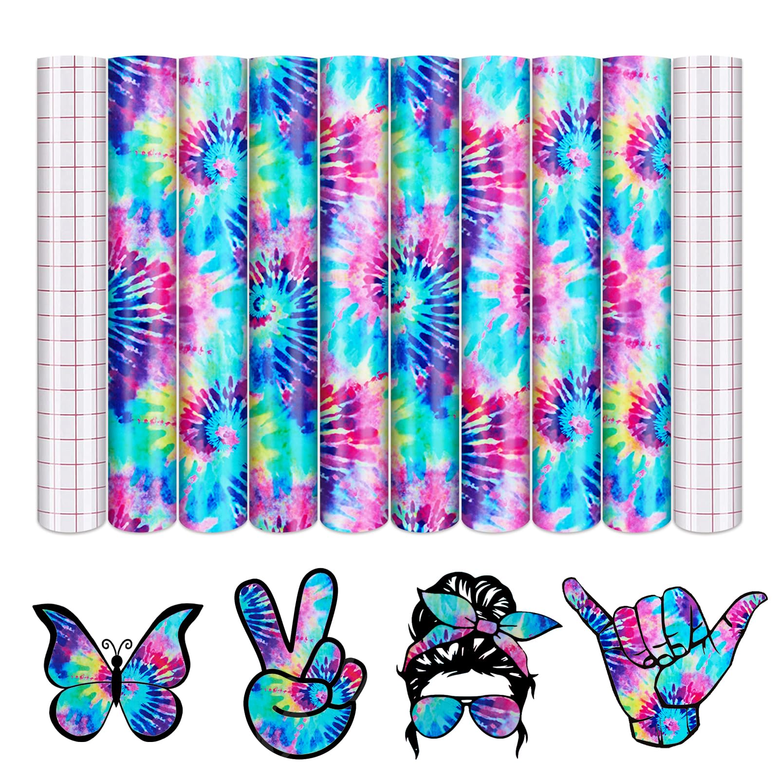 Tintnut Tie Dye Permanent Vinyl - 8 Sheets 12"x10" Swirl Patterned Permanent Adhesive Vinyl for Cutting Machine,Home Decor Self Sticker