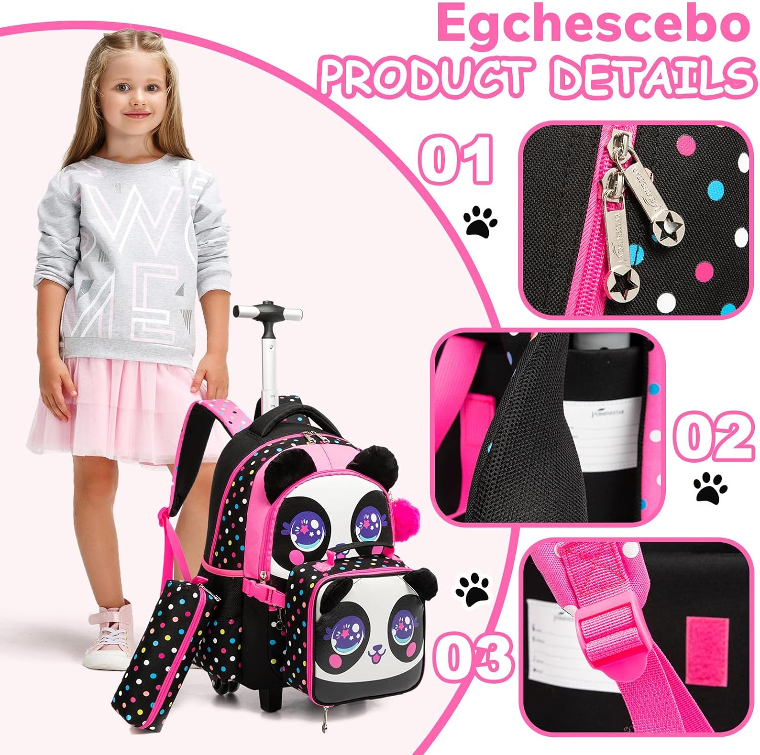 Egchescebo Kids Rolling Animal Backpack for Girls Trolley Suitcases Luggage Travel with Wheels Bookbag Wheeled 17" 3PCS Roller Backpacks Set Toddler Back Pack School Bags for Elementary Black