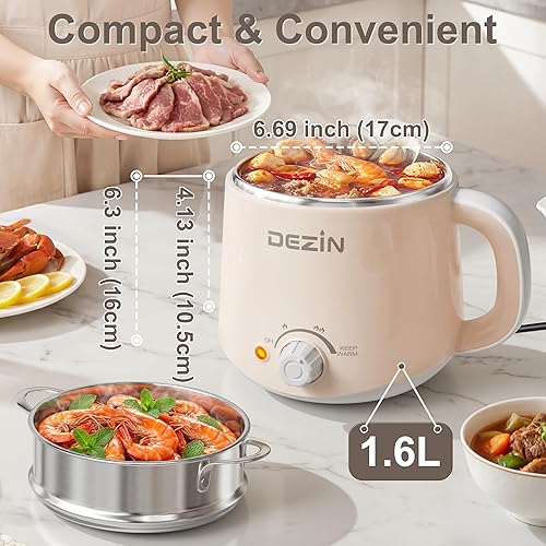 Miniatura 3 de Dezin Olla eléctrica con vaporizador, olla rápida de fideos, olla eléctrica de acero inoxidable de 1.6 litros, perfecta para ramen, huevo,