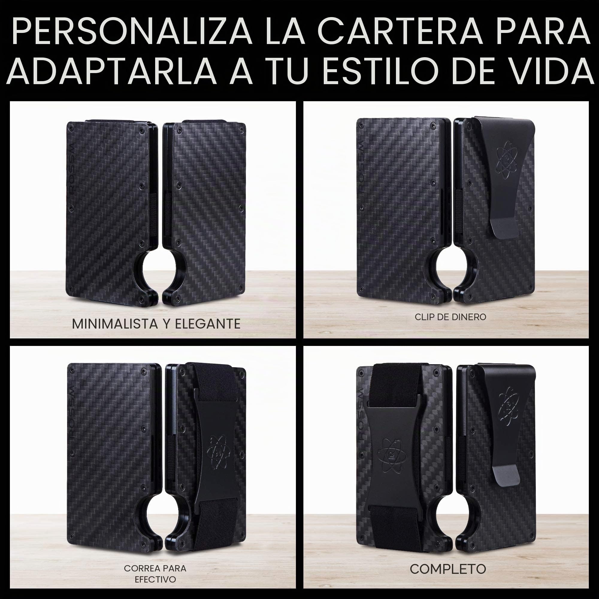 ROSSM Tarjetero Hombre Bloqueo RFID Cartera Minimalista Carbono Metalica Pinza Banda Elástica