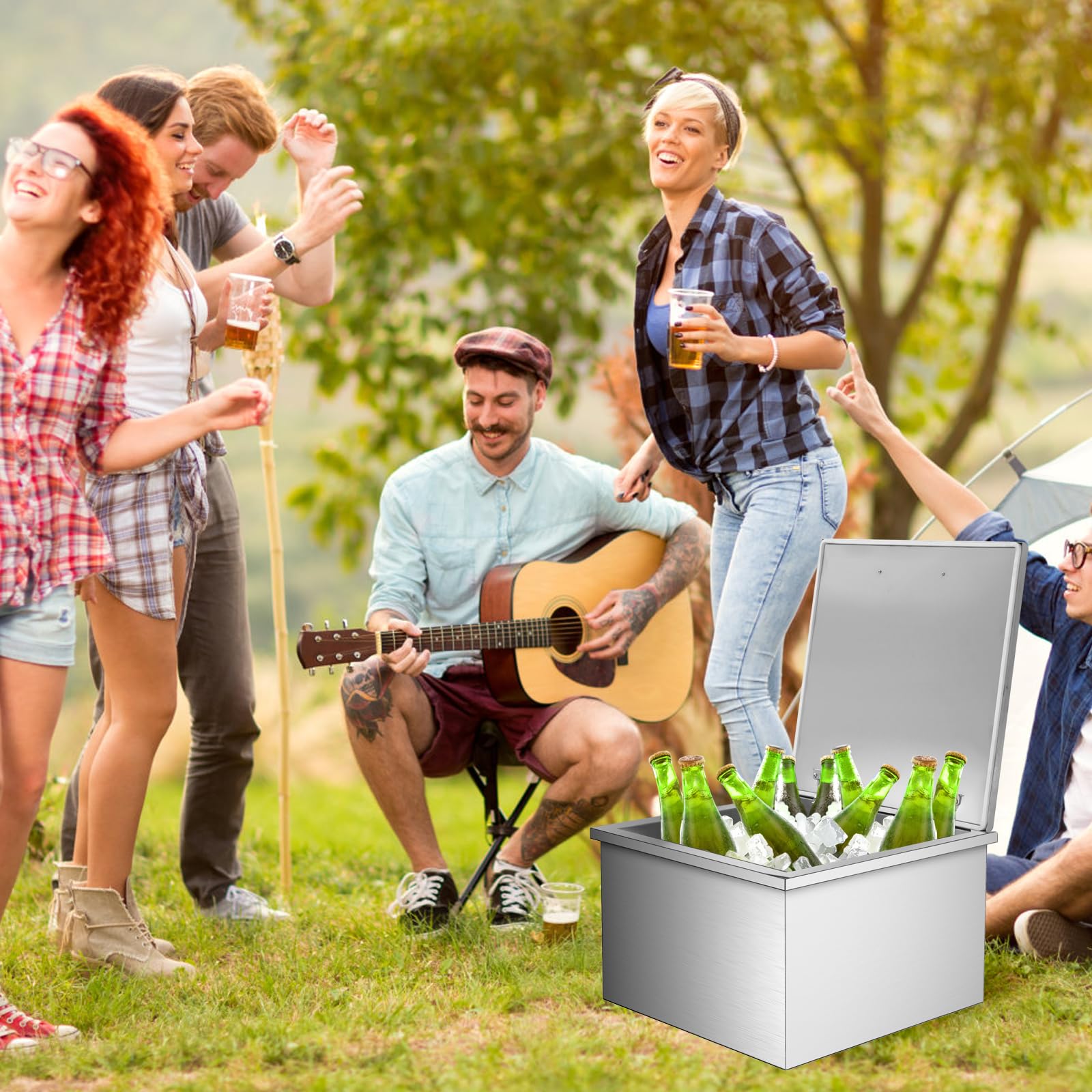 GarveeTech Isolierte Edelstahl Drop-In Eisbox für Outdoor-Küche/Bar – Mit Klappdeckel, Ablauf & 60QT Fassungsvermögen – Perfekt für gekühlte Getränke wie Wein & Bier – Größe: 20''L x 20''W x 13''H