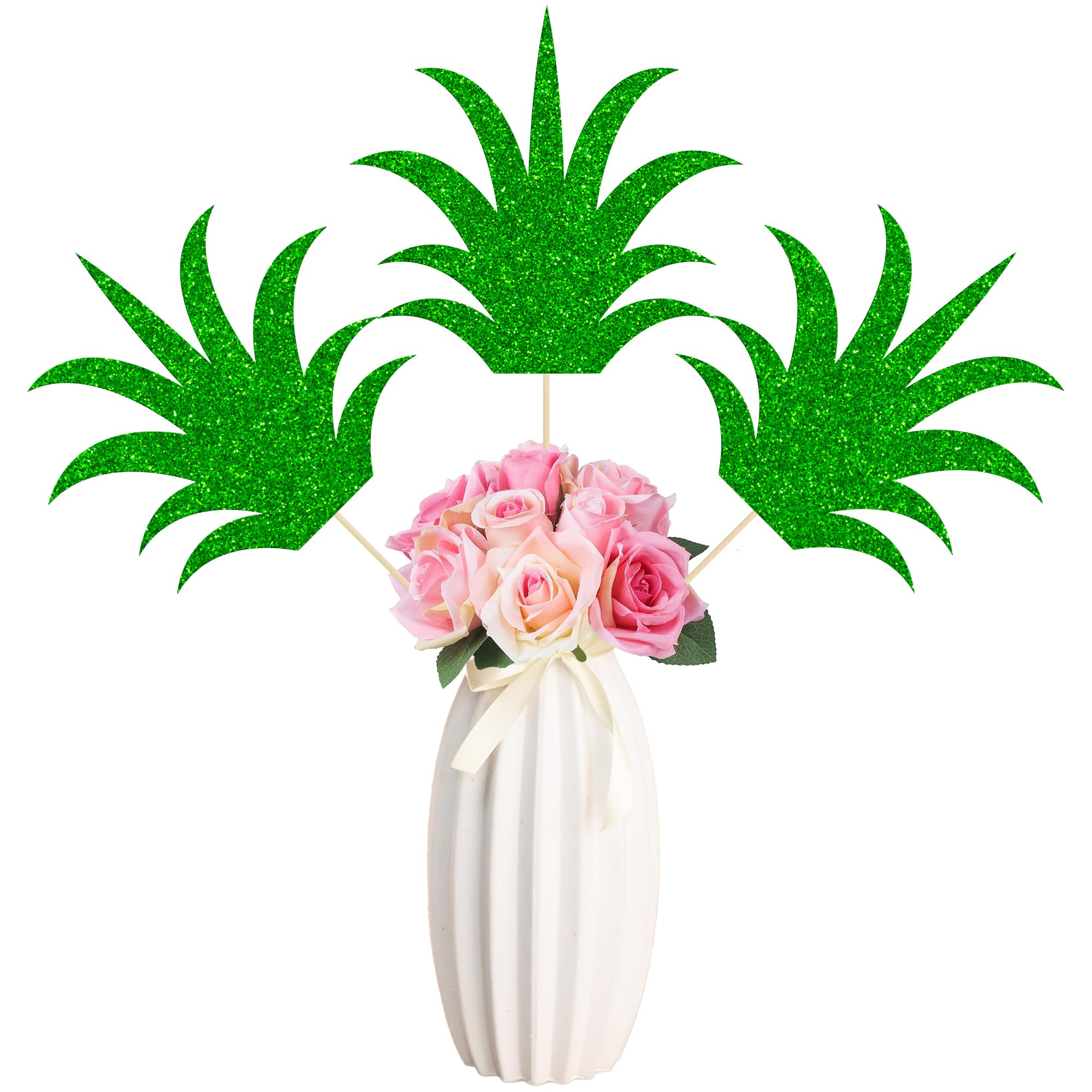 Gyufise 12Pcs Pineapple Flower Centerpiece Sticks Assembled Glitter Pineapple Donut Table Centerpiece Sticks for Tropical Luau Hawaiian Jungle Theme Kids Birthday Party Supplies Green