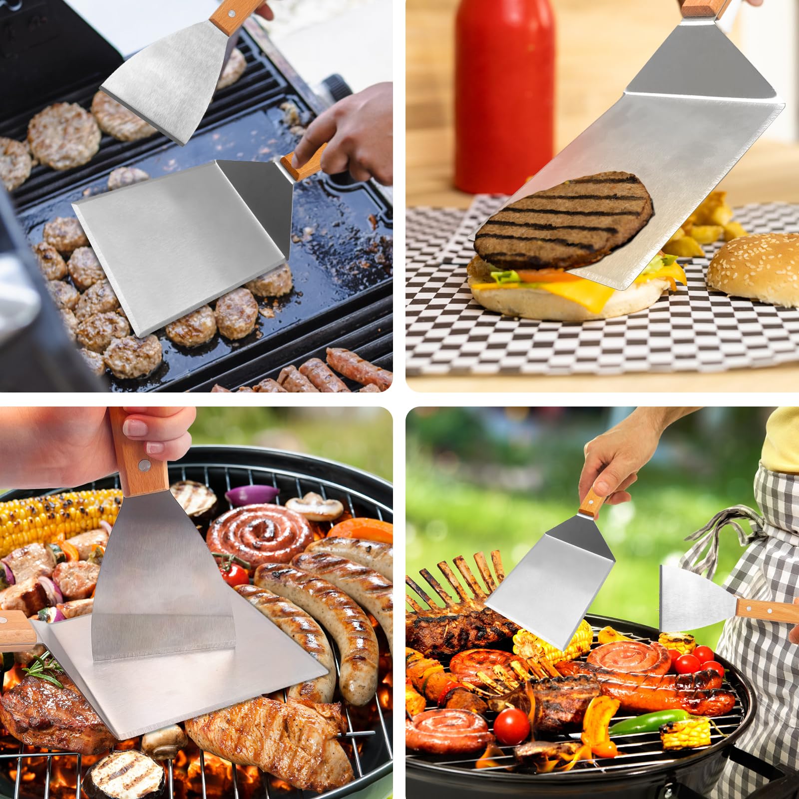 Set de Spatules pour Barbecue en Acier Inoxydable et Bois, Spatules Barbecue avec Crochets, Grande Spatule pour Smash Burger, et Presse à Burger, Idéal pour Plancha et Teppanyaki