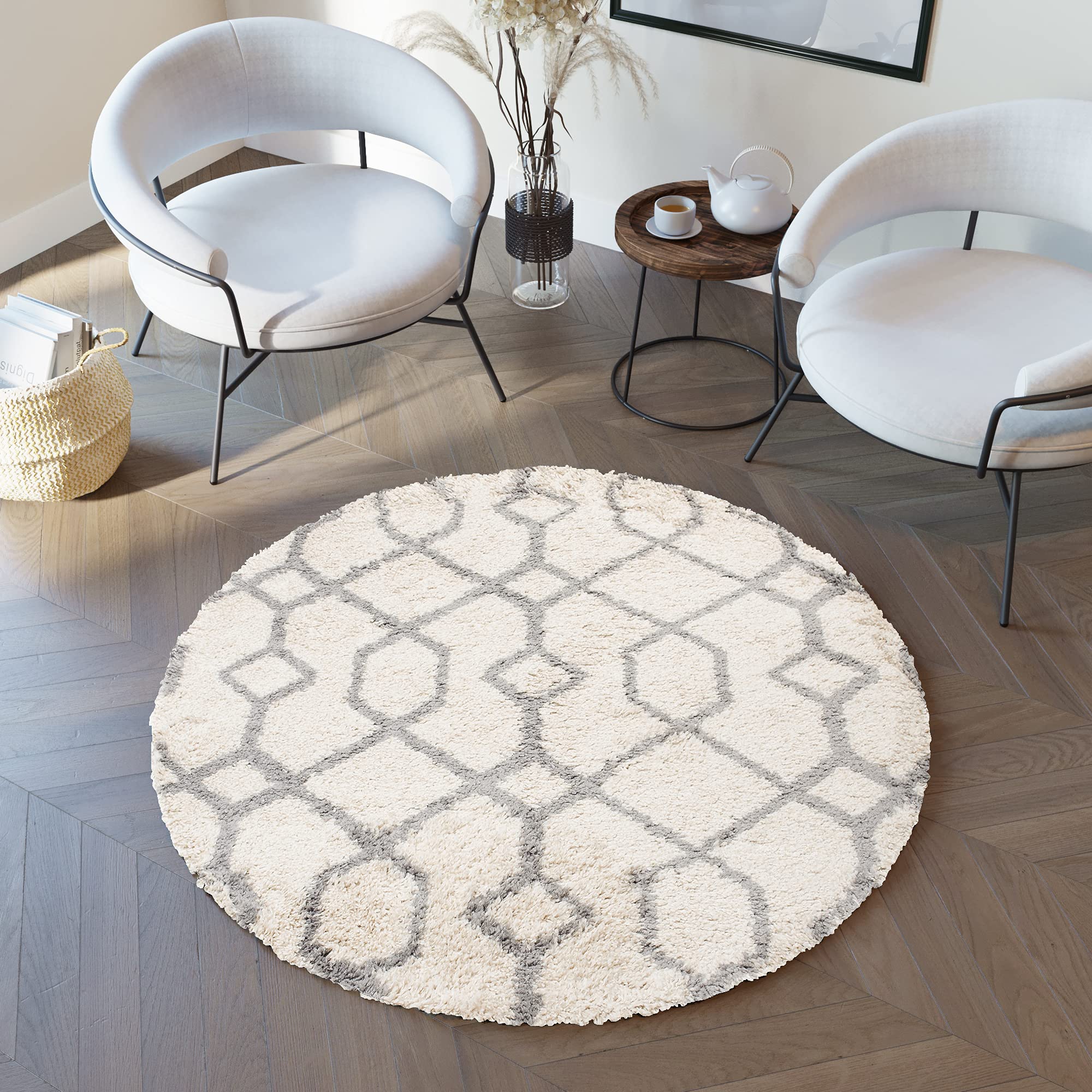 TAPISO Boho Alfombra Redonda Shaggy Alfombra de Pelo Largo Mullida Diseño Moderno Geométrico Crema Gris Salón Dormitorio Habitación Infantil Oeko-Tex 160 x 160 cm