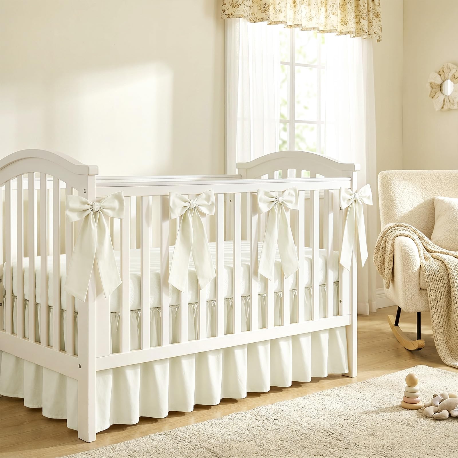 SmoothNovelty Beige Crib Bed Skirts with 4 Large Cot Bow 28" x 52" Baby Crib Skirt for Boys Girls Nursery Toddler Bedskirt Dust Ruffle 14" Drop