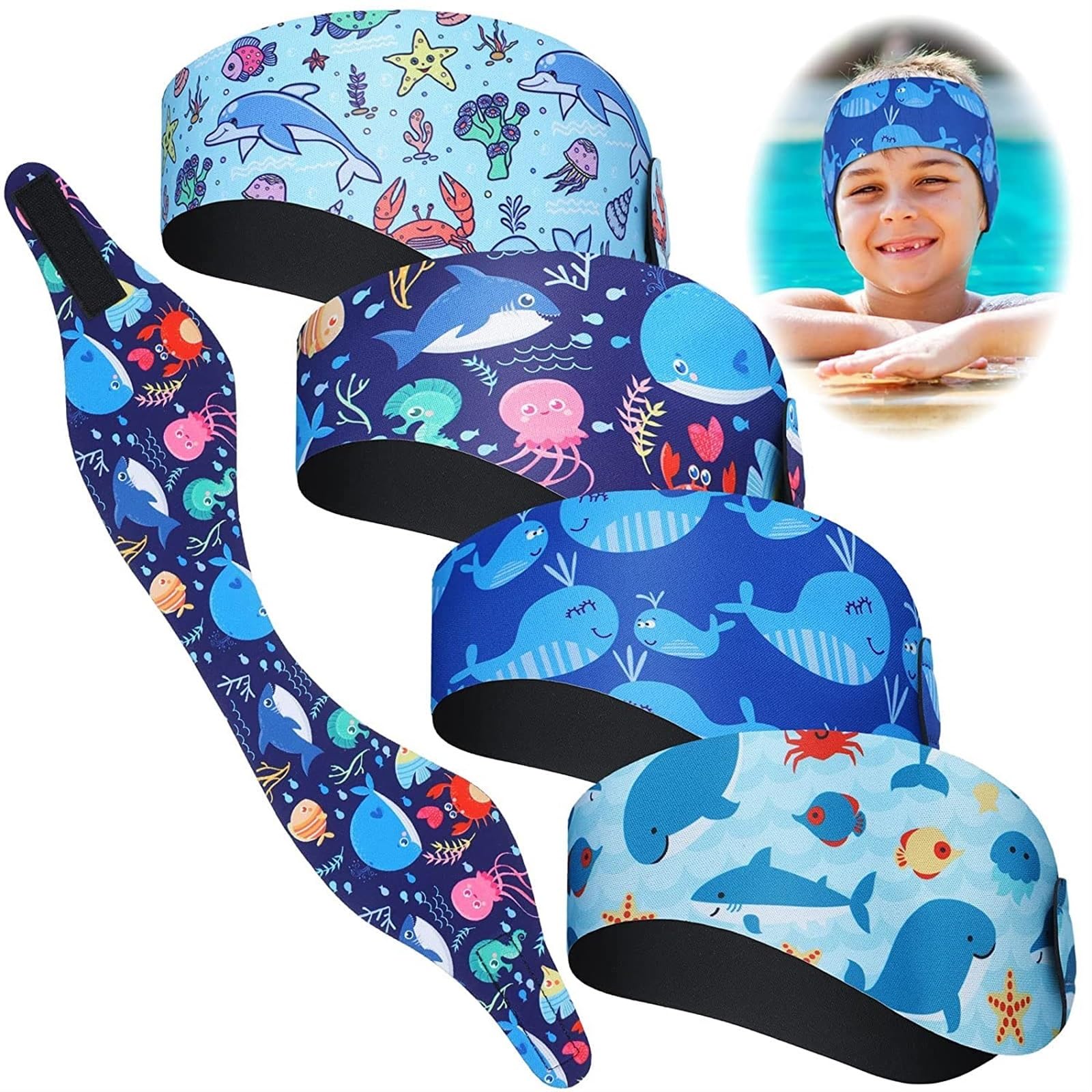 THE WHITE SHOP Swimming Headband for Kids，4 Pieces Swimming Ear Band Kids Ear Protection Band Swim Cap Water-proof Adjustable Swim Headband