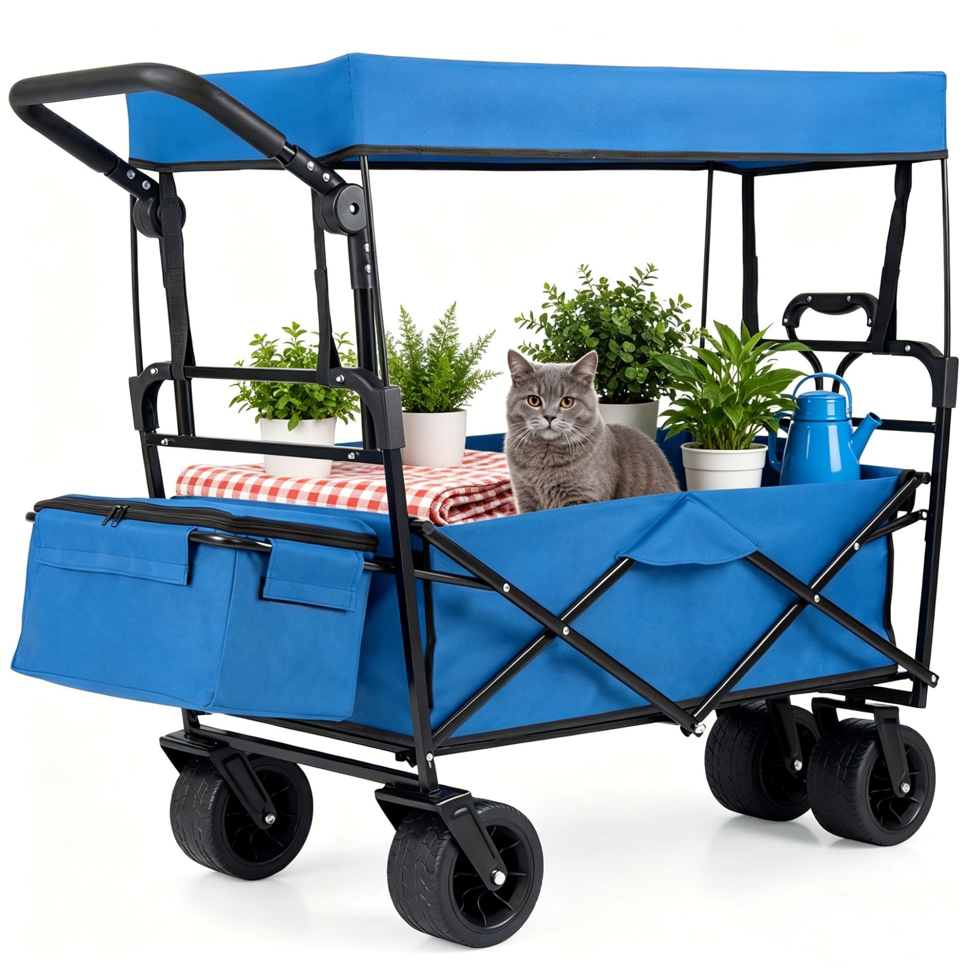 SOARS Carrello Spiaggia Pieghevole con Tetto, Carrello da Trasporto con Ruote Grandi e Borsa Portatutto, Carrello da Campeggio e Giardino, in Acciao Resistente, Chiusura Rapida, 100 KG, 100L (Blu)