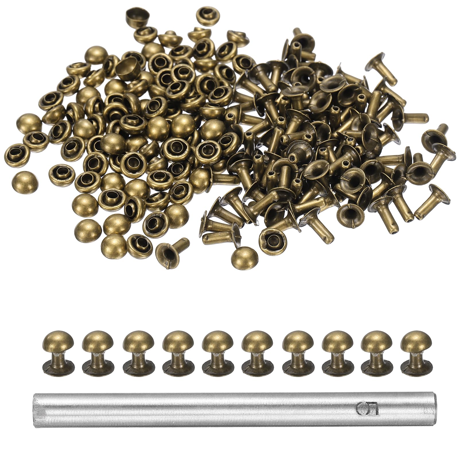 sourcing map 100pcs Round Dome Leather Rivets 5mm Leather Rivets Rapid Punk Spikes Leathercraft Decoration with Hole Punch for Rock Nailheads Clothing Belts Bags Shoes, Bronze — image 1