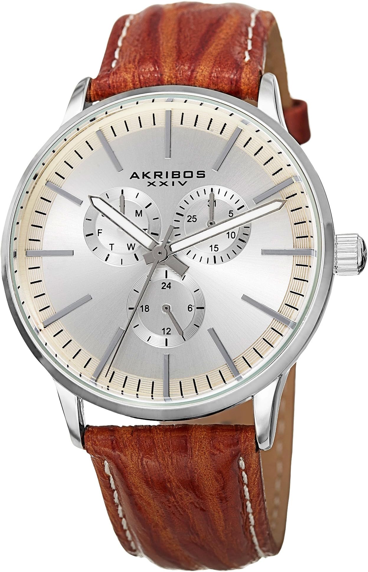 Akribos XXIV Omni Mens Casual Watch - Sunburst Effect Dial - 3 Subdial Multifunction Quartz Movement - Leather Strap - AK838