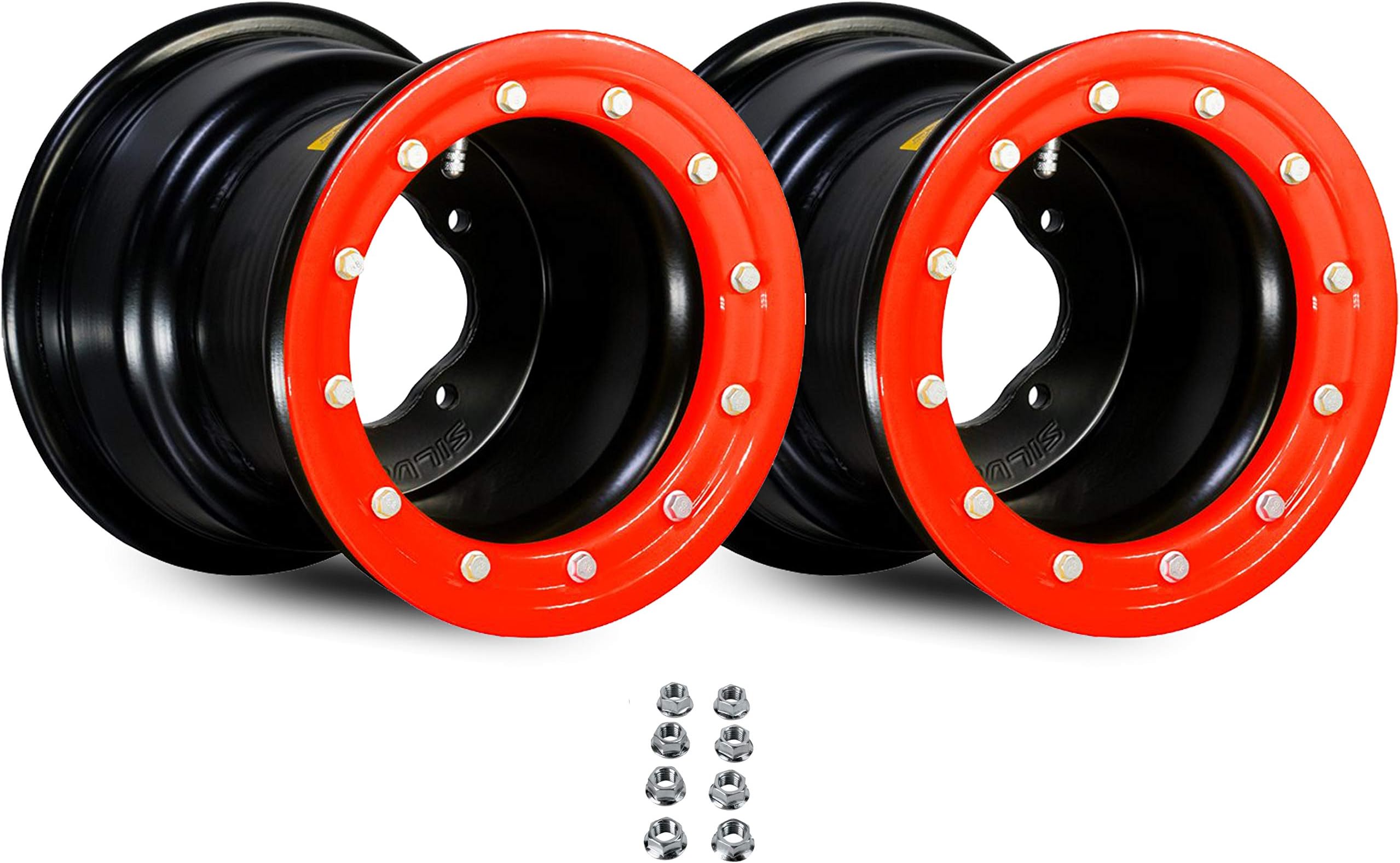 Set of 9x8 3+5 4x110 Beadlock Goldspeed Silver Tec ATV Wheel Rim with OEM lug nuts for Honda TRX 250 250EX 250R 250X 300 300EX 400EX 450R (Red)