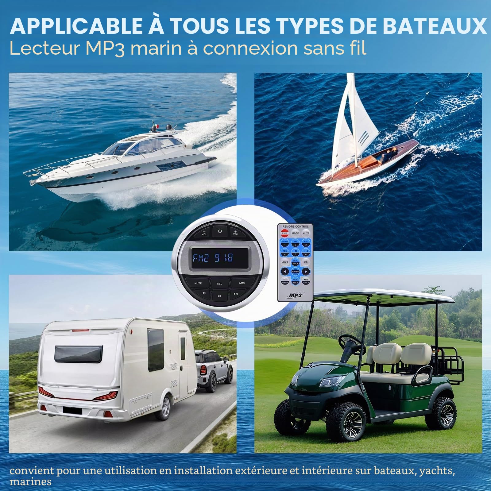 Marine Stereo Radio Bateau Système avec 2 Haut Parleurs, MP3 Player AM/FM Radio imperméable für Boote, Yachten Marineboote, BT5.0 Verbindung