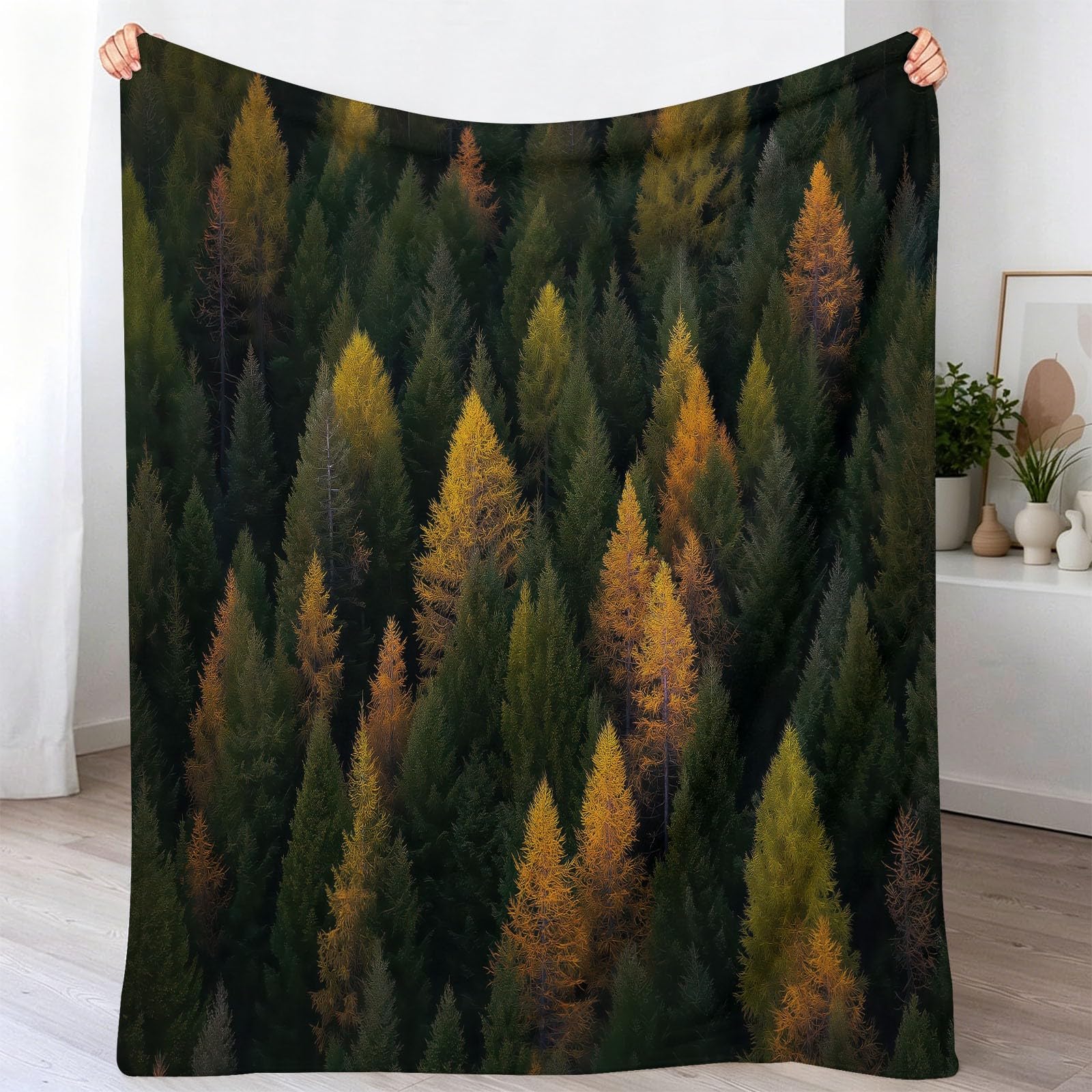 Mantas de franela con impresion de hojas de pino verde de felpa suave de 180x220