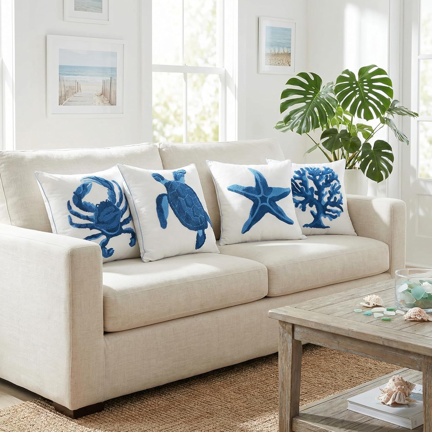 Novabright Summer Sea Life Coastal Throw Pillow Covers 18x18 Set of 4 Starfish Turtle Crab Coral Embroidered Summer Beach Ocean Decorative Pillow Cases Cushion Cover for Sofa Couch Bedroom Decor Gift