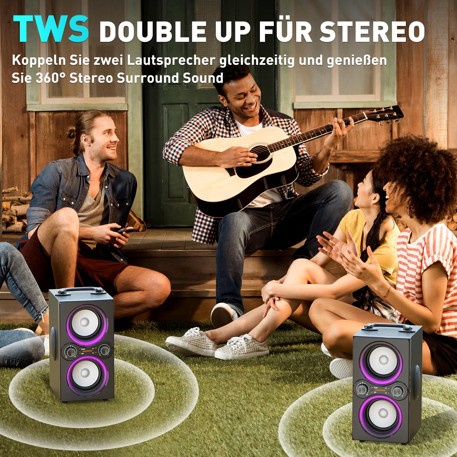 TPBEAT Bluetooth Lautsprecher, 80W Wireless Bluetooth Box Musikbox Groß, Bass Boost, with Licht, 100dB Huge Sound TWS Stereo Party Soundbox, mit Mikrofon Eingang/USB/TF/AUX