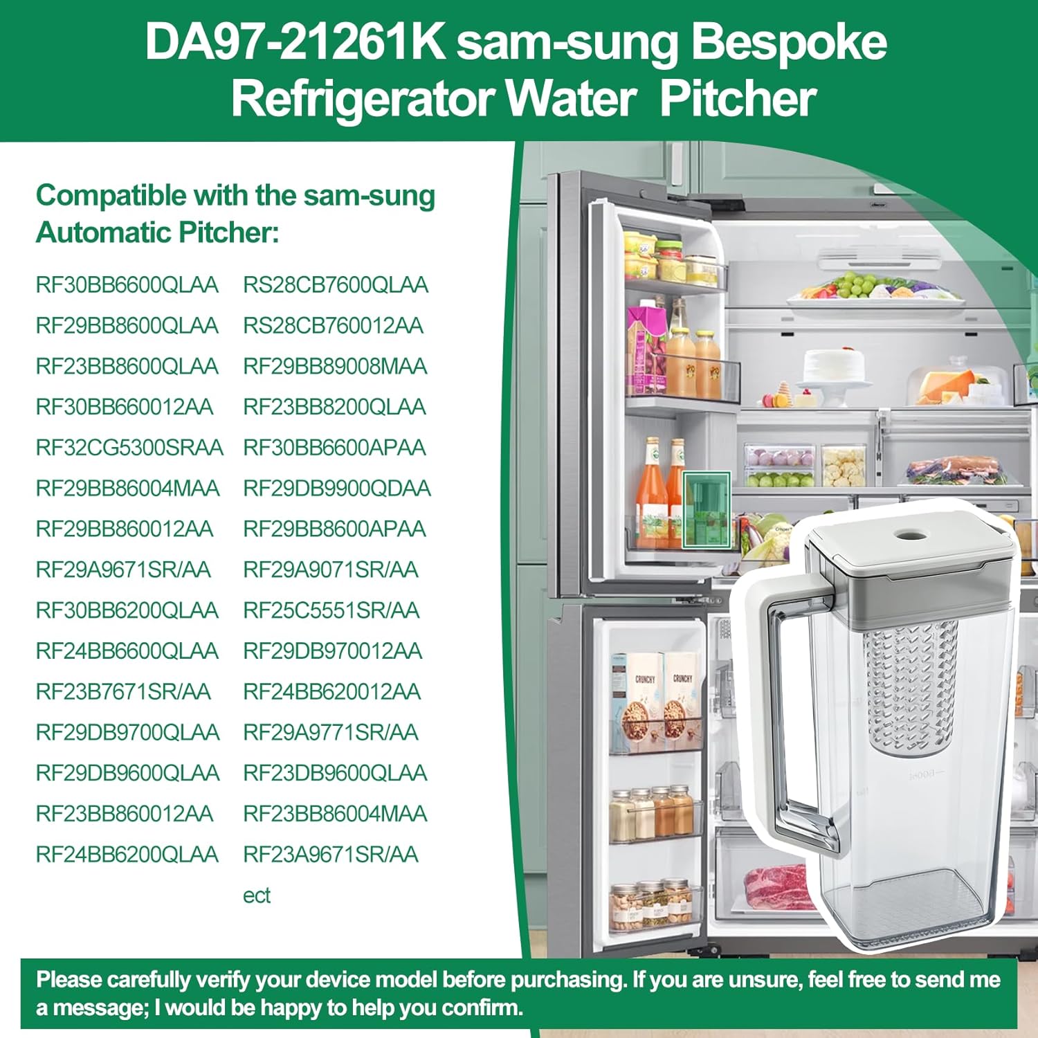 DA97-21261K Water Pitcher Compatible with samsung Pitcher RF30BB6600QL, RF29BB8600QL, RF23BB8600QL, RF30BB660012, etc Refrigerators Water Pitcher. No Leak, Include 2 Sealing Rings, 1 Year Warranty.