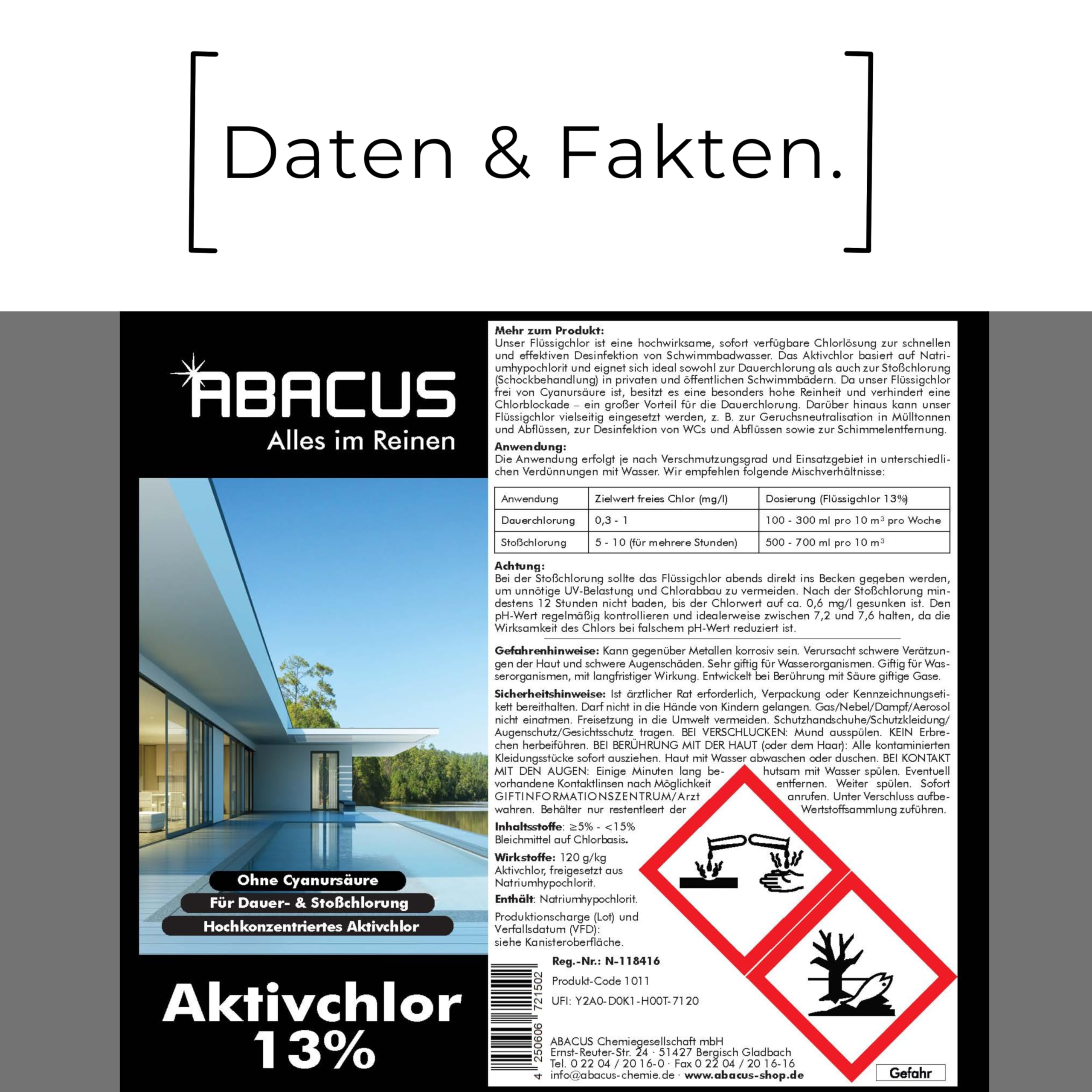 ABACUS® Flüssigchlor 13–15 % | 20 Liter Kanister | Poolchlor zur Desinfektion von Pool & Schwimmbad | Hochwirksames Aktivchlor für klare Wasserqualität | Für Dauerchlorung und Stoßchlorung