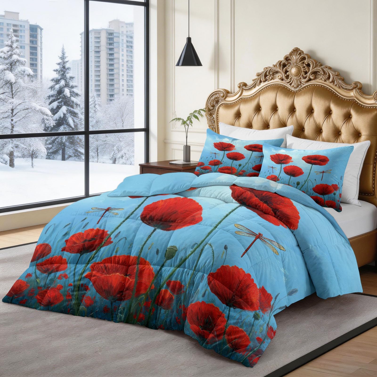 Set Trapunta 3 Pezzi 150x200 cm Fiori Rossi Libellula Piumone Letto 4 Stagioni, Trapuntino Anallergico Soffice, Copriletto Trapuntato Moderno per Adulti Bambini