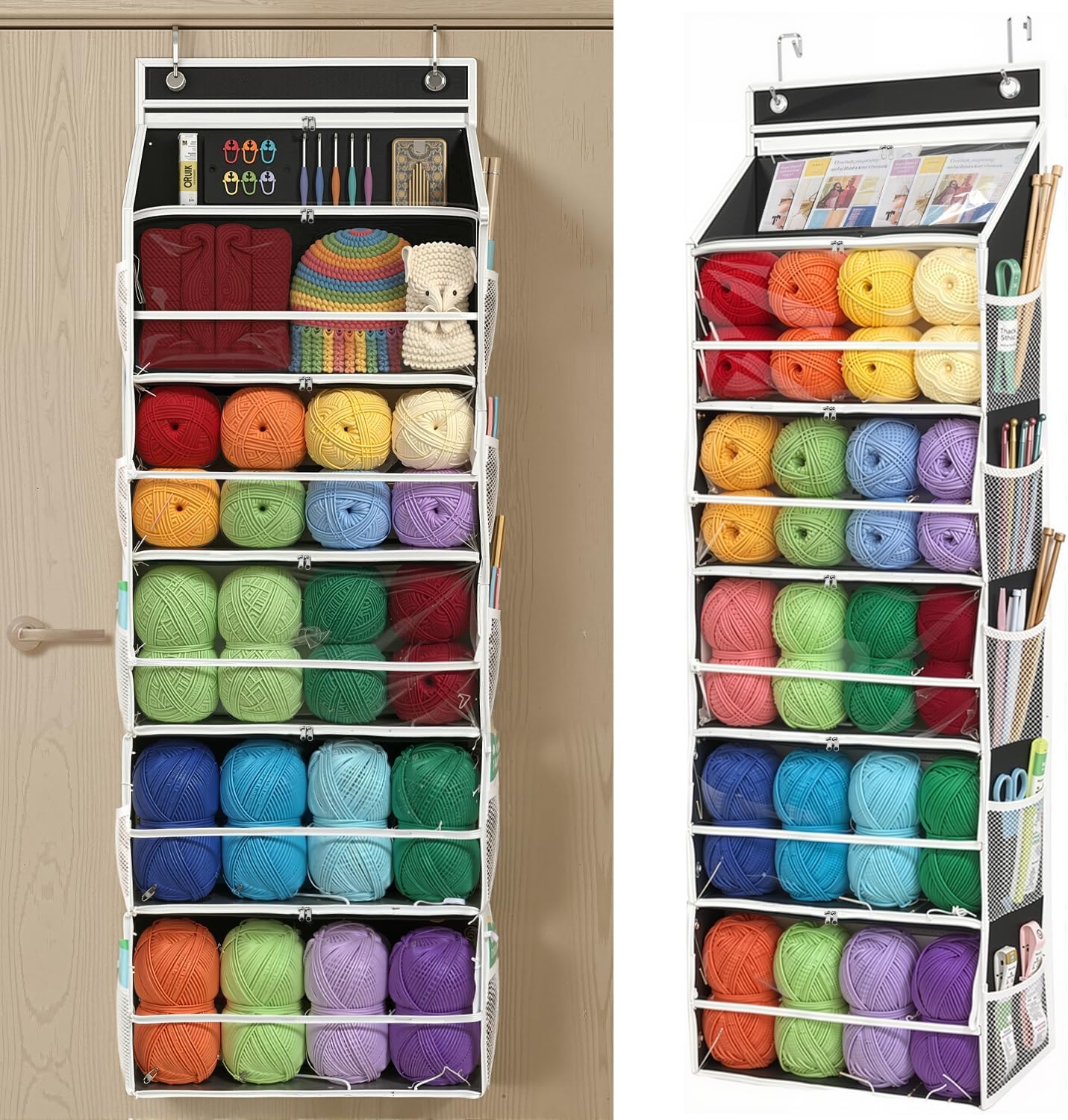 Heavy-Duty Oxford Hanging Yarn Storage Organizer with 6 Tiers, Odorless Over the Door Yarn Holder for Crochet and Knitting Lovers, 5 Large Pockets + 1 Tool Section, Black