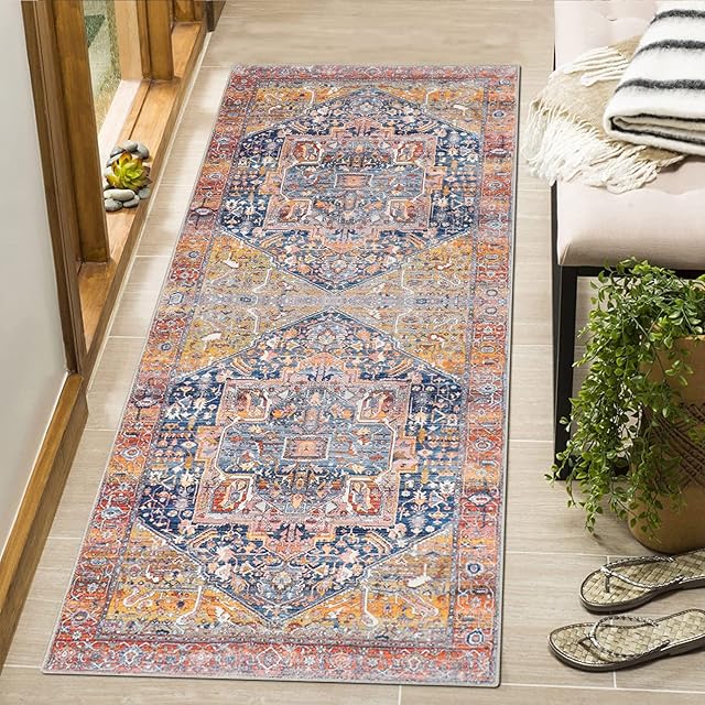 Cekene Vintage Distressed Area Runner Rugs 60x130cm Non-slip Washable Entryway Runner Rug Low Pile Kitchen Runner Mat Boho Carpet Floor Mat for Kitchen Bathroom Bedroom