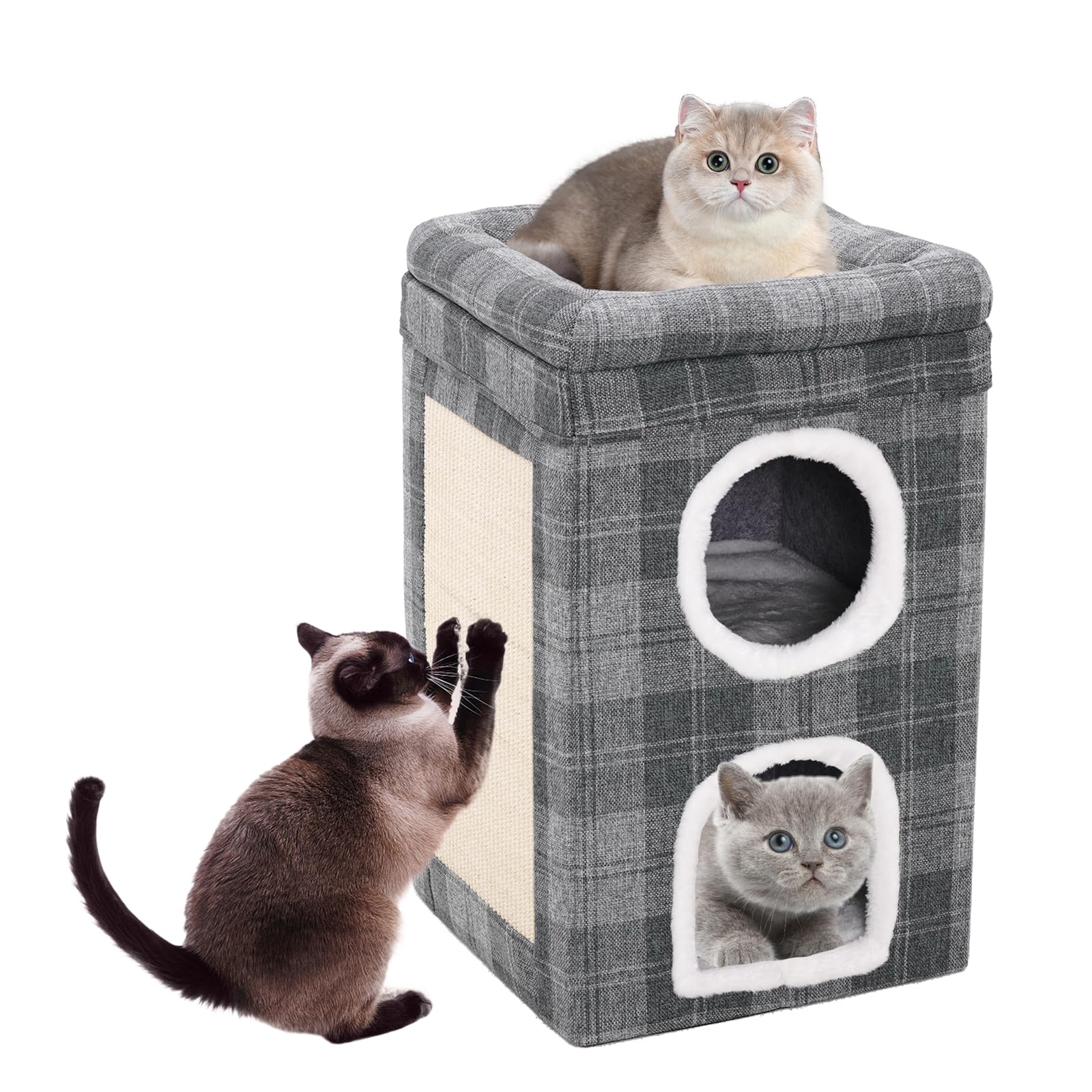 Cuccia per Gatti da Interno, Letto a 3 Piani per Più Gatti, Nicchia Comoda per Animali Domestici, Struttura Stabile, Piega & Facile da Installare, Casetta Chiuso,Grigio,39×39×66cm