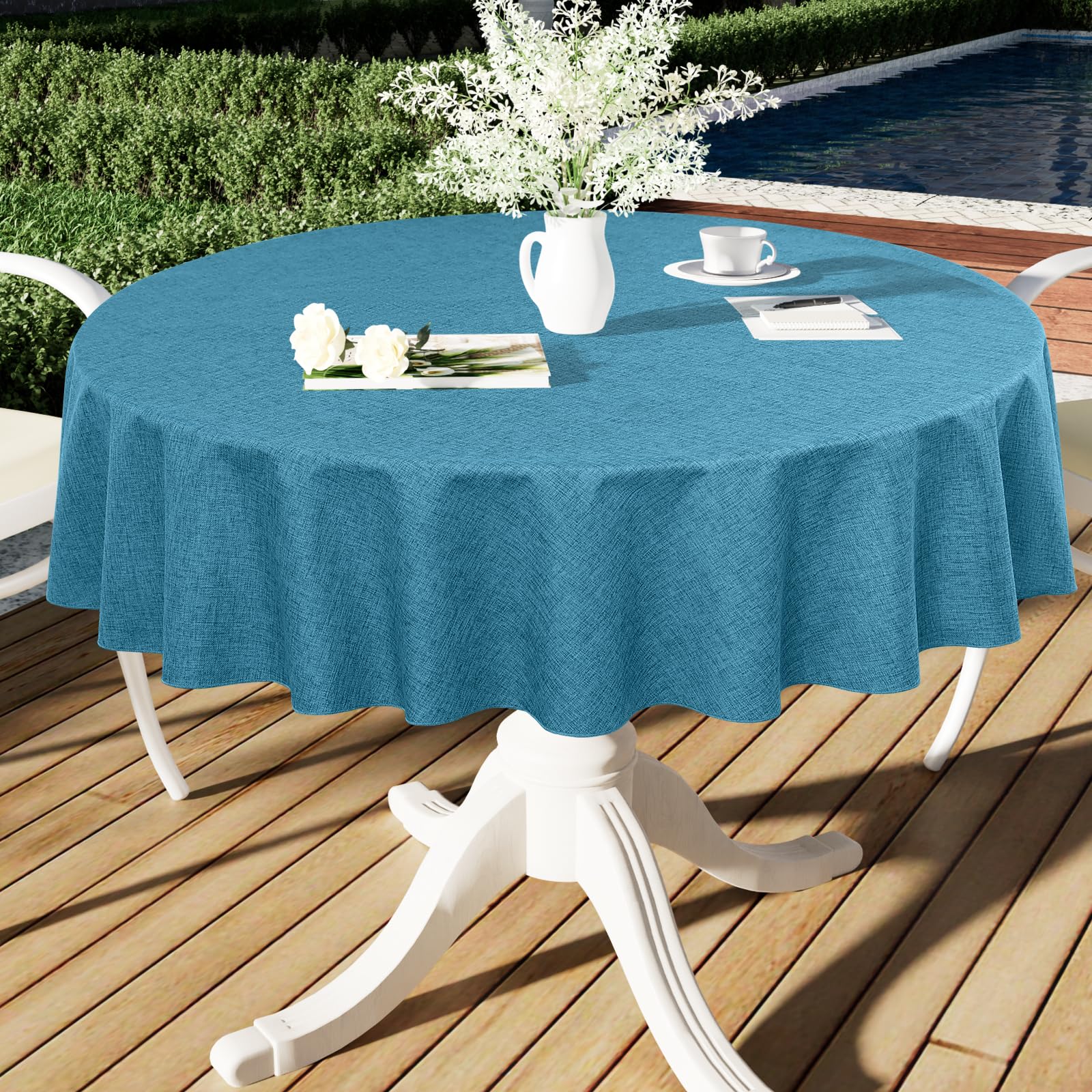 Smiry Round Faux Linen Table Cloth, Waterproof Burlap Fabric Tablecloth, Washable Decorative Farmhouse Table Covers for Kitchen, Dining, Parties,