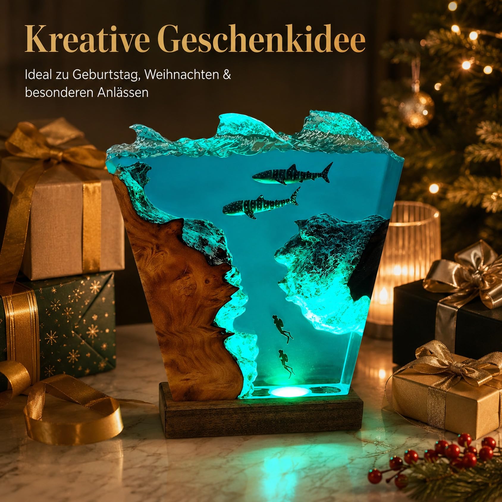 Drawelry 3D Meer Wal Hai Harz Nachtlichter Unterwasser Ornamente (E3) | Holzsockel, USB-Kabel, Ozean Szene, Epoxidharz Lampe,Heim Büro Deko,Weihnachten Geburtstag Geschenke