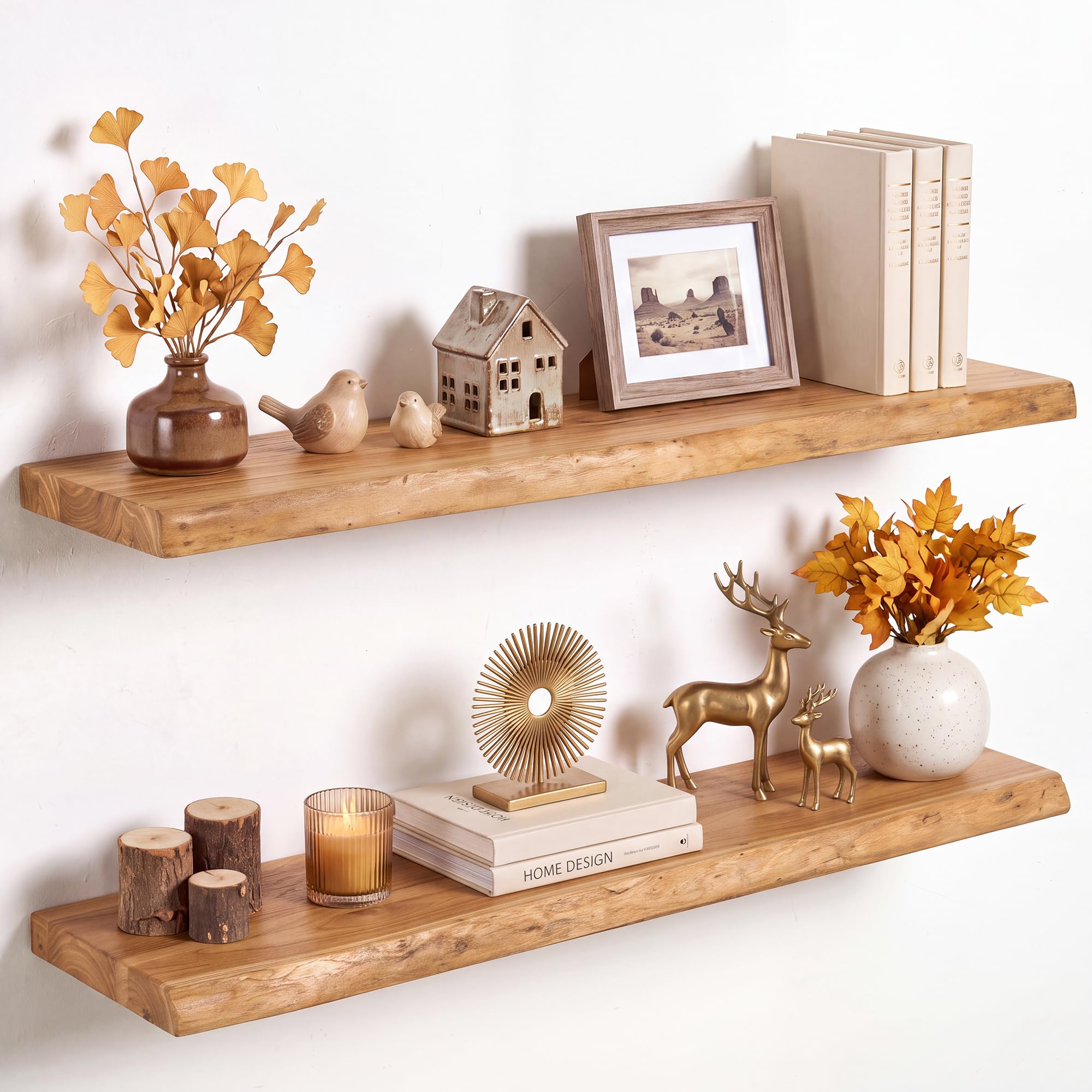90cm Floating Shelves for Wall - 20cm Depth Live Edge Rustic Solid Elm Wood Floating Shelves Wall Mounted, Wall Shelves with Invisible Bracket for Living Room Bedroom Kitchen, 90x20x3.5(Natural, 2PCs)