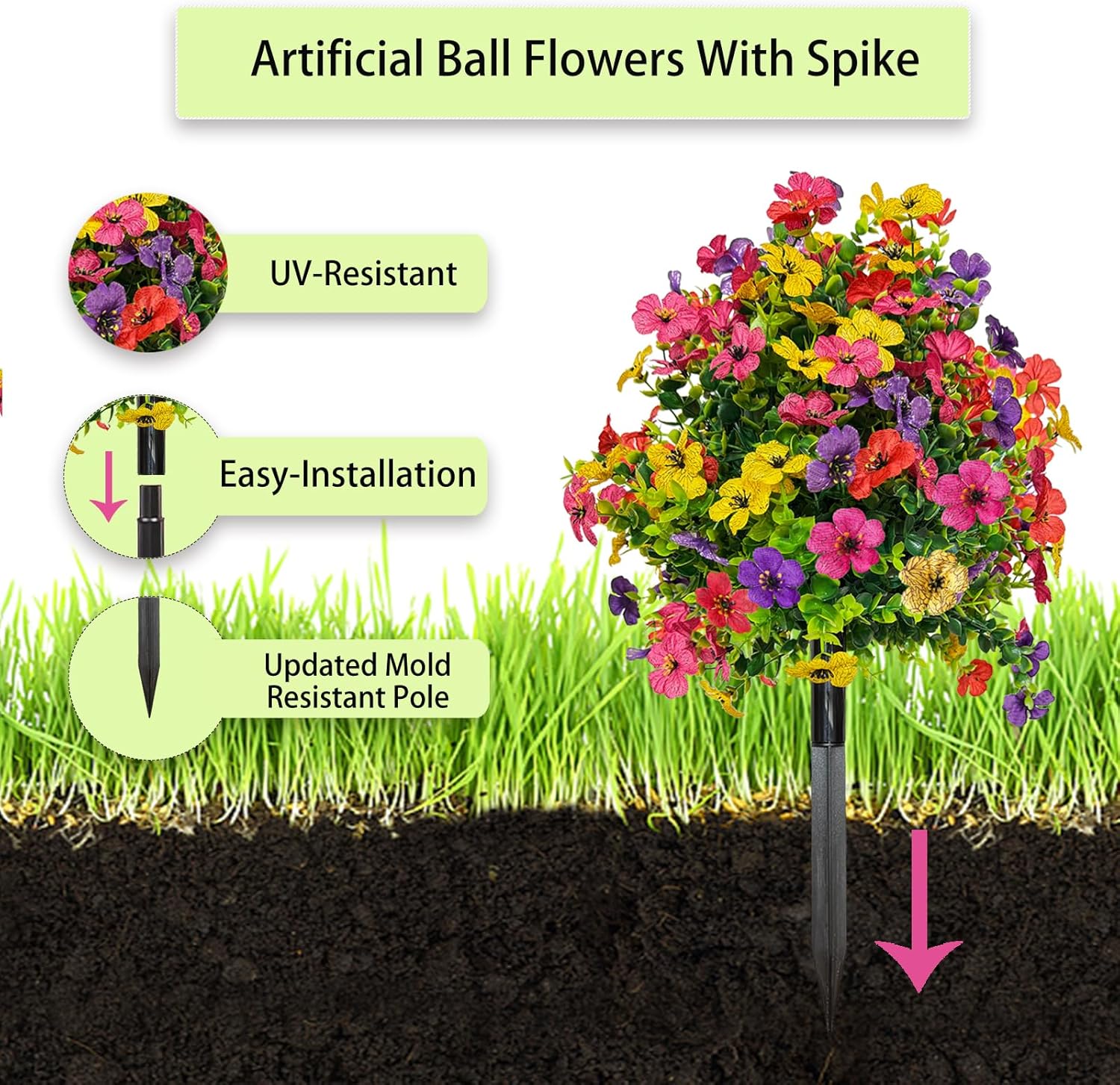 2 Set of 23.6" Outdoor Artificial Flowers UV Resistant, Fake Flowers Bush with Stakes, Lifelike Outdoor Faux Plants with 60 Branches for Garden, Patio, Porch Decor