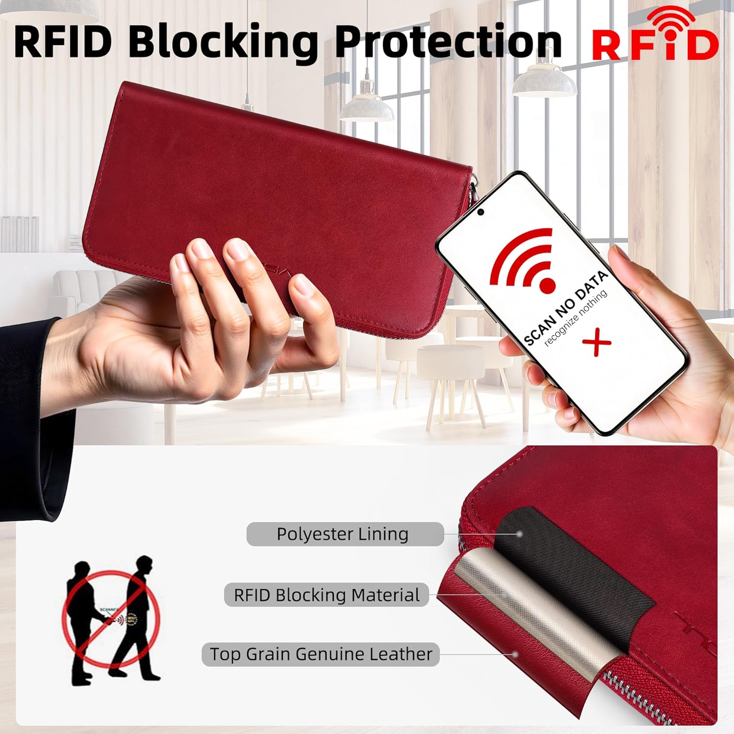 VISOUL Leather Long Zipper Pouch Wallet for Men and Women with RFID Blocking, Large Clutch Cash Long Wallet with Zipper (Burgundy) - Image 5