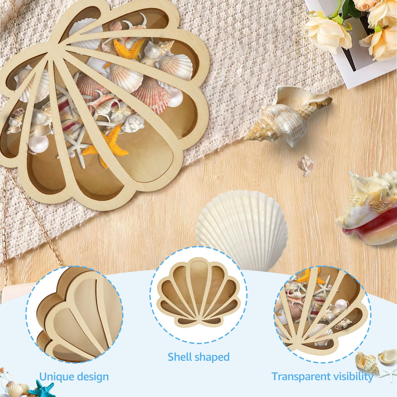 Pojemnik na muszelki, drewniana szafka z wyświetlaczem z panelem akrylowym Seashell Display Box Holder, przenośny uchwyt na wystawę dla dzieci, na plażę, do łazienki, salonu, ochrona domu