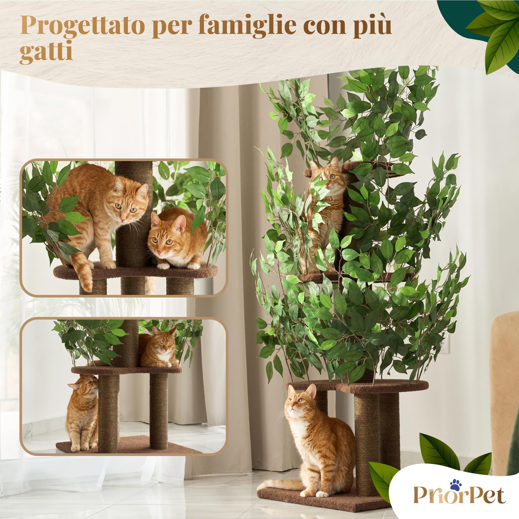 Albero per gatti con Foglie – Compatto e Robusto Tiragraffi per gatti adulti – Albero con 4 Livelli Graffiabili – Per Arrampicarsi Nascondersi e Dormire – Facile da Montare – Ideale per Spazi Ridotti