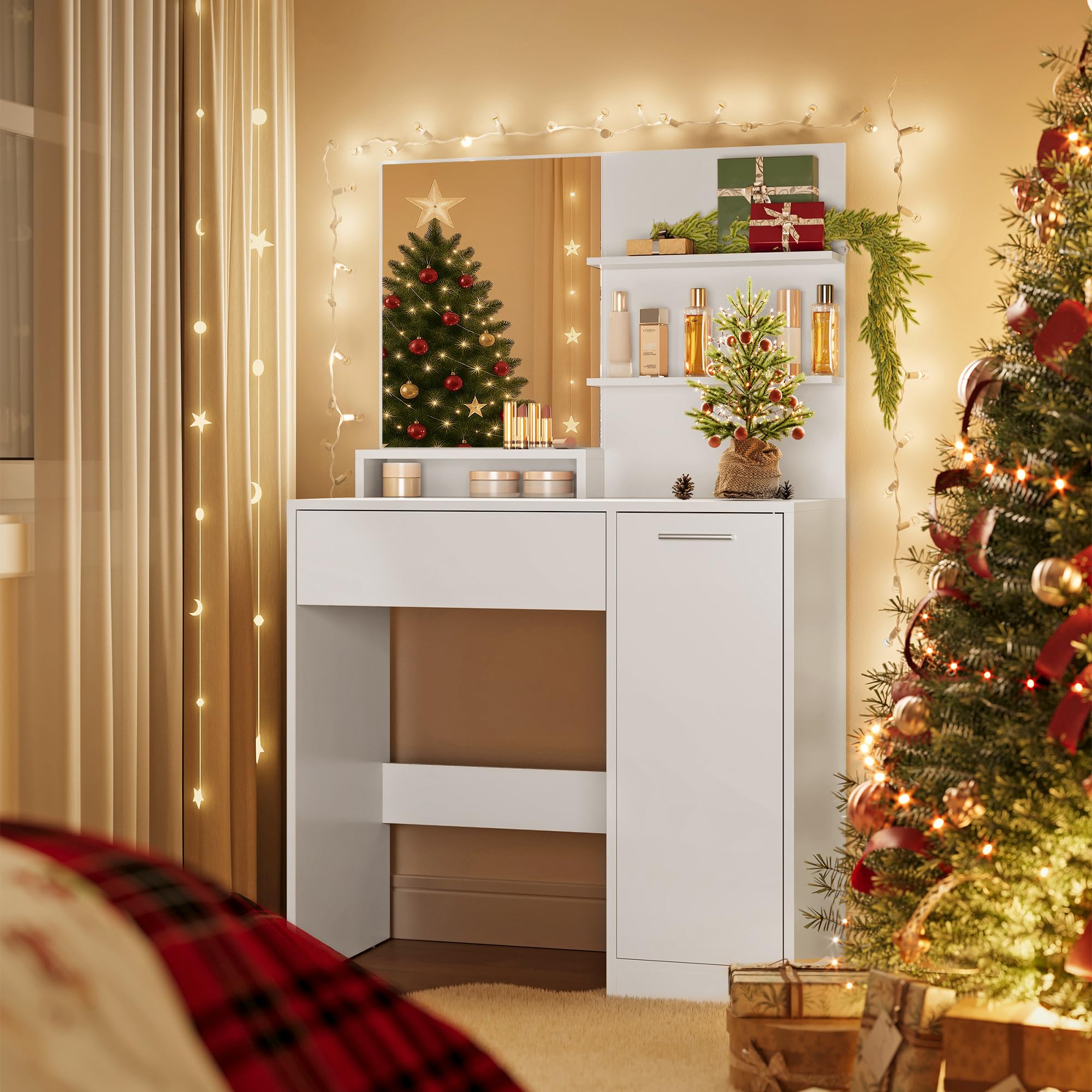 VASAGLE KAILYN Collection - Dressing Table, Vanity Table with Large Mirror, Adjustable Shelves, 1 Drawer, 2 Open Shelves, Modern Makeup Desk, White RDT119W01