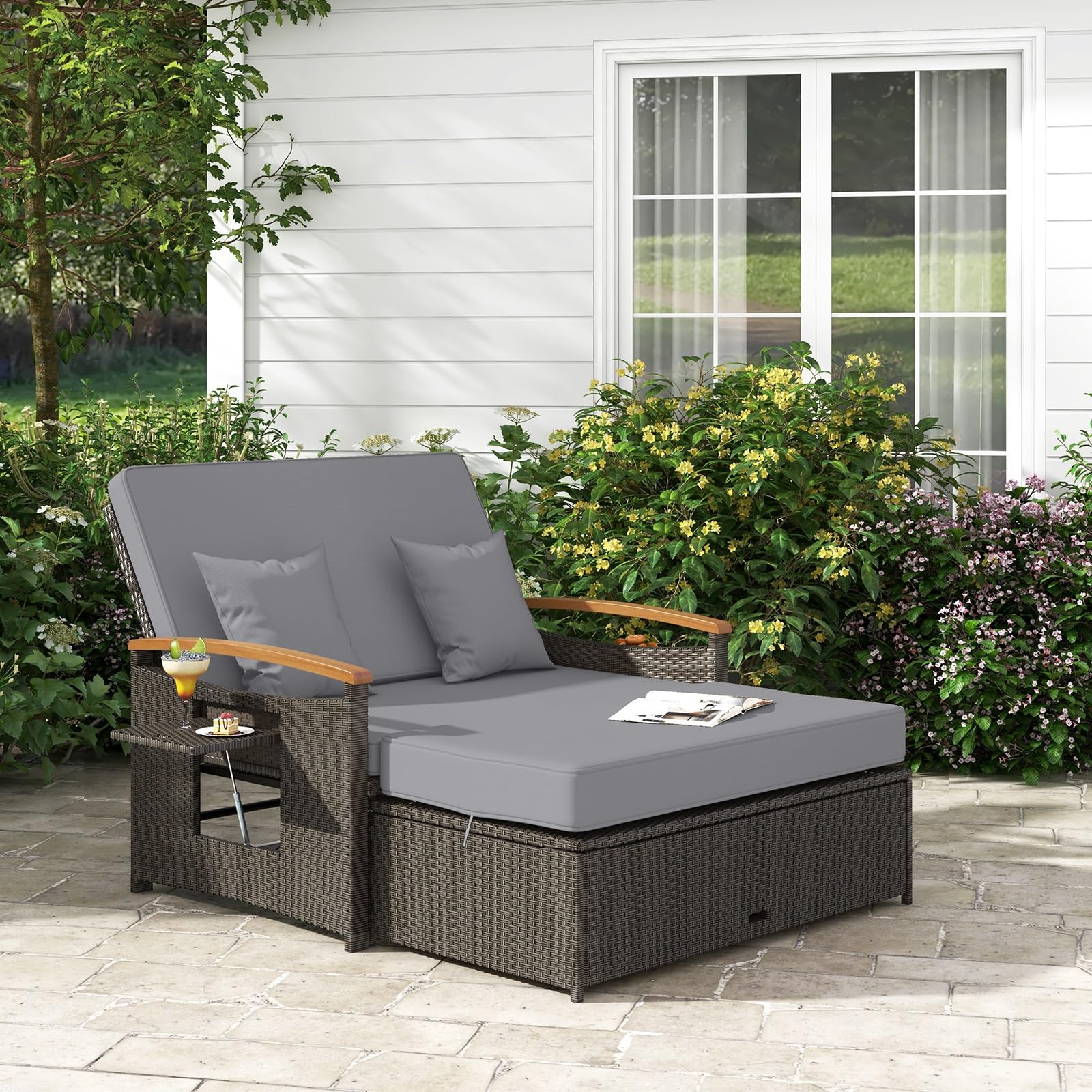 GIANTEX Lounge Möbel Outdoor, Gartensofa mit Liegefunktion, Outdoor Sofa | 3-in-1 Design, Stauraum, weichen kissen, Doppelliege Outdoor 2 Personen, Rattan Gartenliege, Gartenlounge, für Garten Balkon