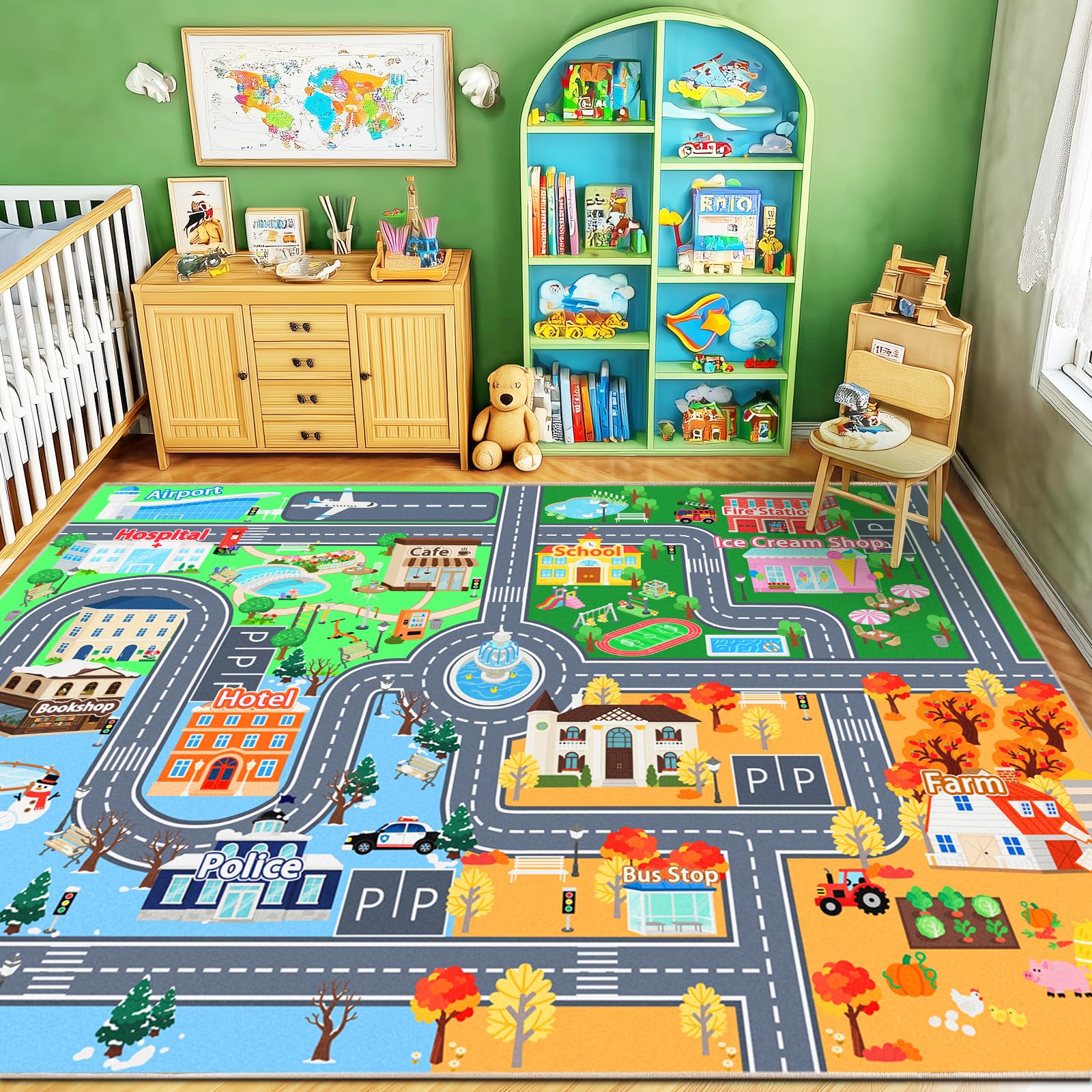 Rezutan Kids Play Mat for Playroom, City Life Road Mat for Toy Cars Washable Kid Rug Soft & Non-Slip Interactive Educational Carpet for Children Area Rug for Bedroom, Nursery, Classroom, 200x300CM