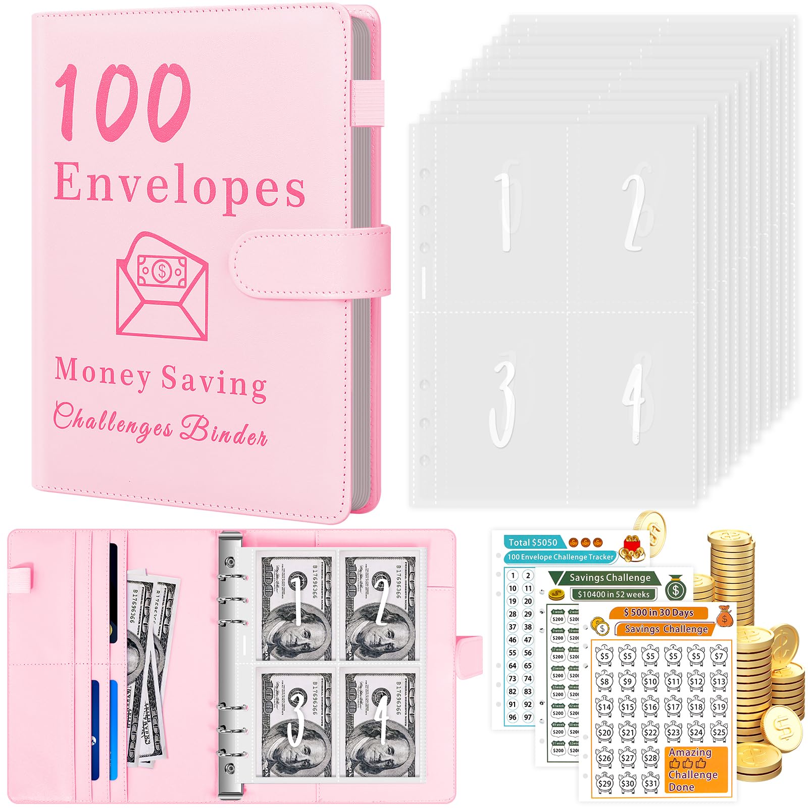 Huhuhero100 Envelopes Money Saving Challenge, A5 Savings Binder with Cash Envelopes & 3 Budget Planner Trackers to Save $5,050, 10,400, 500, Savings Challenge Book Gift for Teen Girl Women, Pink