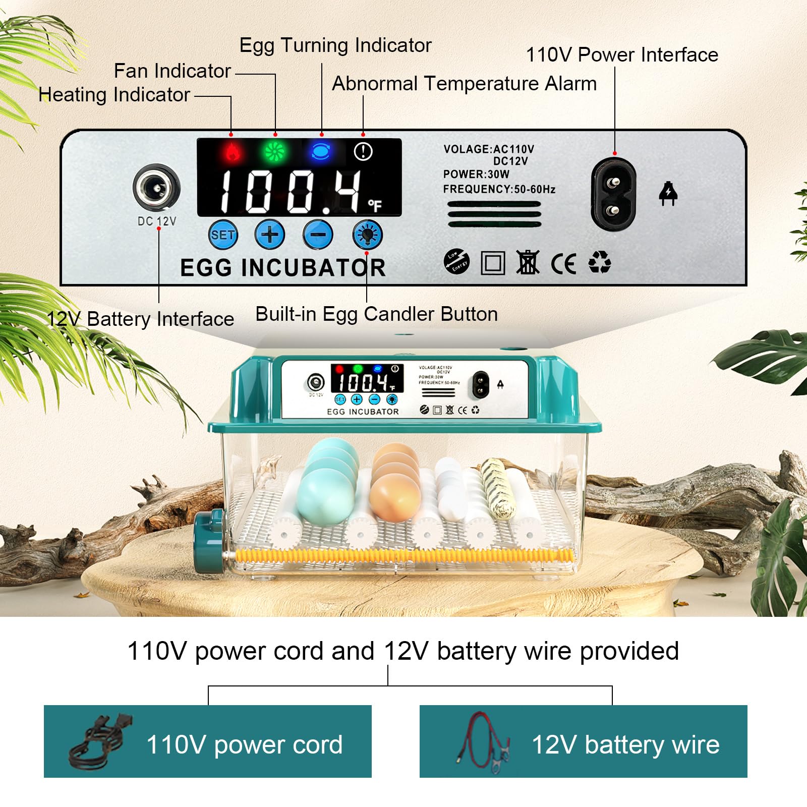Incubadoras para incubar 16 huevos, incubadora de huevos con giro automático de huevos y llenado de humedad, control de temperatura, incubadora con rodillos ajustables para pollos, patos