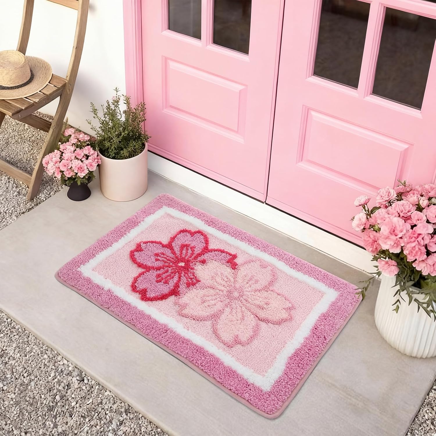 Boao Cherry Bath Mat Blossom Pink Flower Tufted Bathroom Rug Non Slip Soft Absorbent Tufted Cute Cherry Bathroom Accessories Decor for Bedroom Kitchen Floor Tub Shower Sink, 24 x 16 Inches