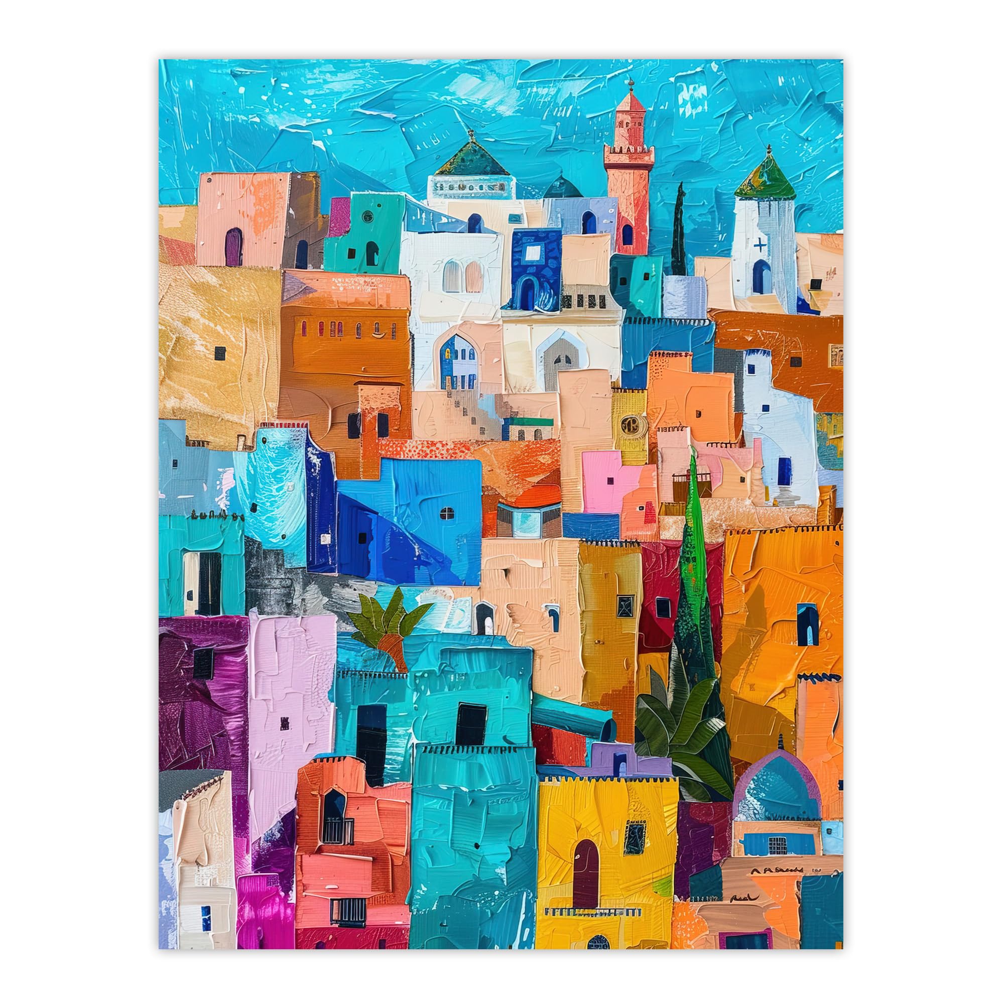 Artery8 Morocco Cityscape Oil Painting Wall Art Print - Blue - W18" x H24"
