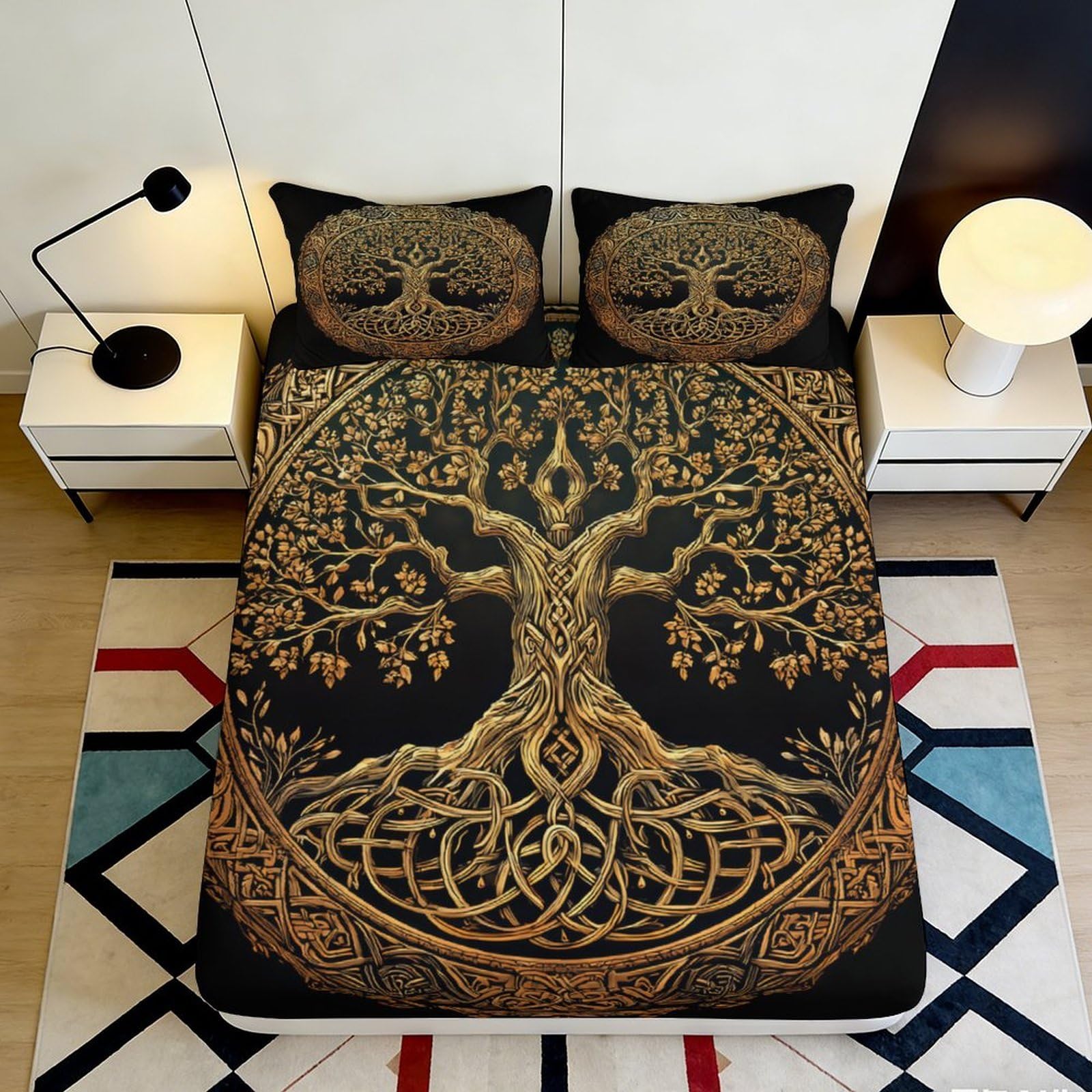 Uxinyoume Style-10 3D Printed Tree Of Life Fitted Sheet Microfiber Soft Anti-Slip Golden Celtic Bed Sheet For Bedroom Guest Room Decor 90X200x25cm