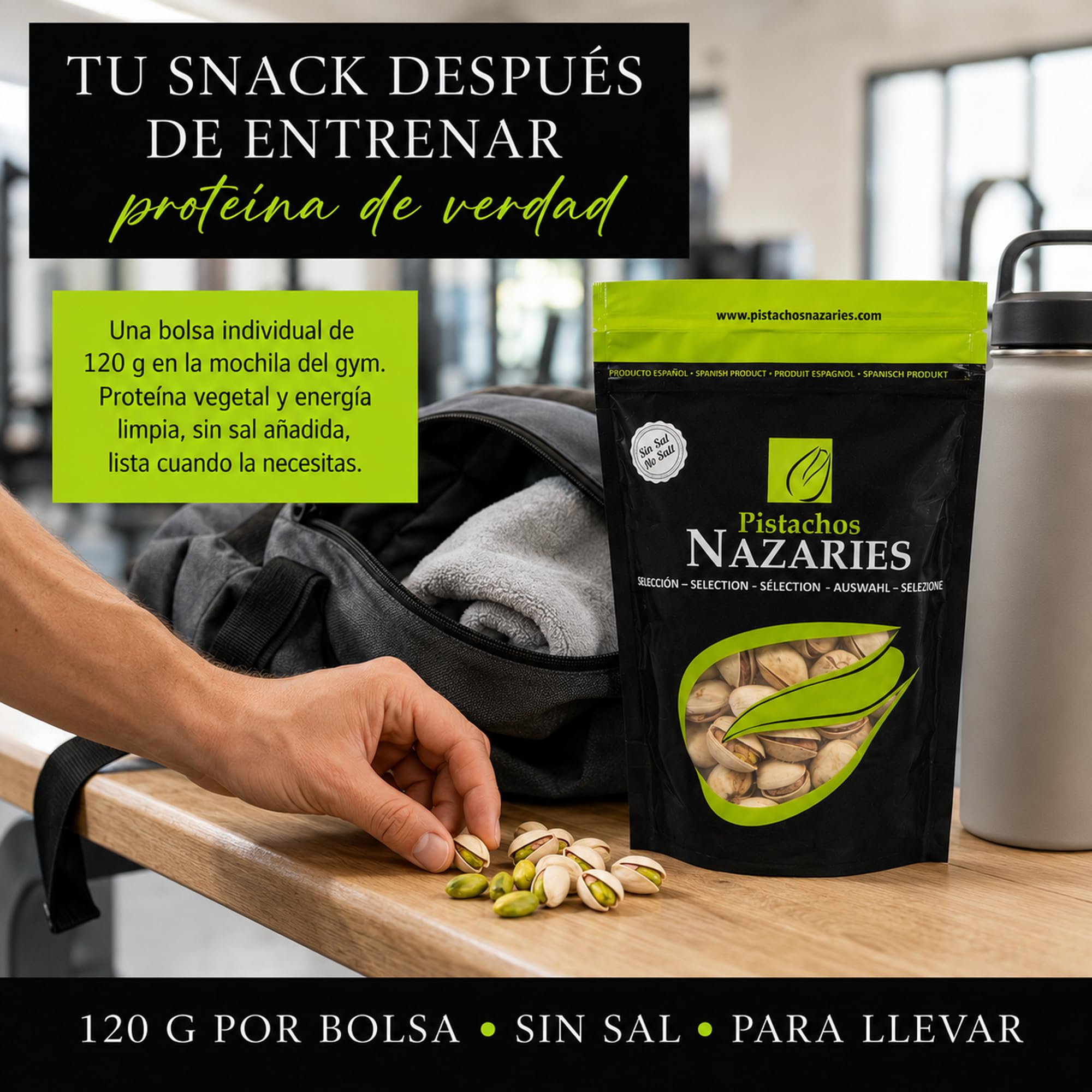 PISTACHOS NAZARIES Pistachos Tostados Sin Sal 8 x 120 g Pistacho Español Cultivo Propio Andalucia Malaga Snack Saludable Fitness Sin Gluten Frutos Secos Aperitivo Individual Para Llevar Gym Oficina