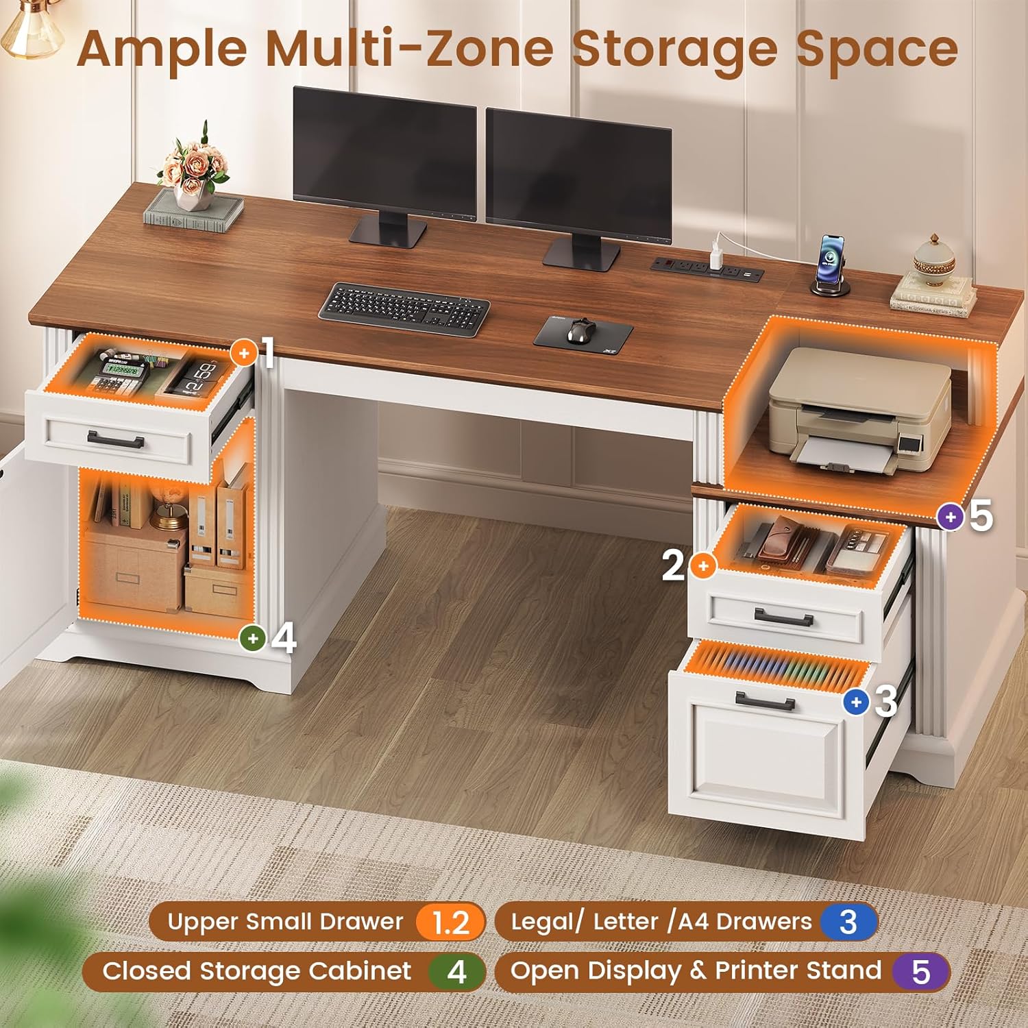 Diagram illustrating the ample multi-zone storage space of the desk, including upper small drawers, a legal/letter/A4 file drawer, a closed storage cabinet, and an open display/printer stand.