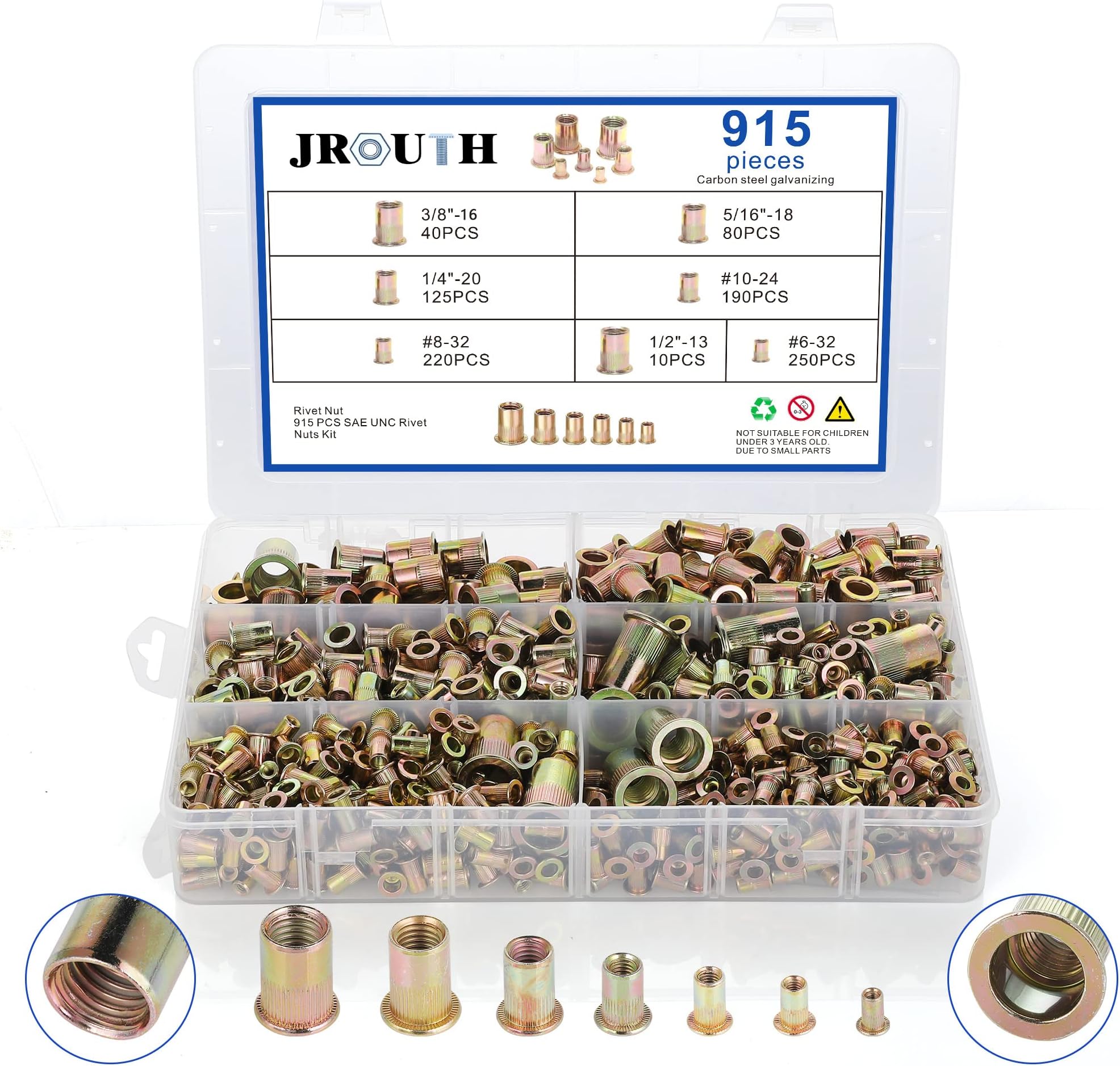 915pcs Rivet Nut Kit SAE UNC Rivet Nuts Assortment 6#-32, 8#-32, 10#-24, 1/4"-20, 5/16"-18, 3/8"-16, 1/2"-13, Zinc Plated Carbon Steel Nut Inserts Rivnuts Nutserts Kit - JROUTH