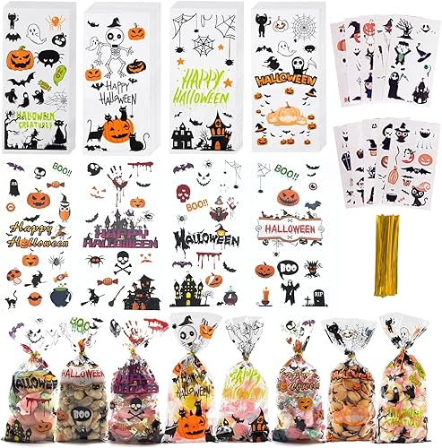 YIINNIIY 200 bolsas de dulces de Halloween, bolsas de golosinas con 220 piezas de corbatas, bolsas de dulce o truco, bolsas de regalo de fiesta de