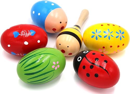 Juego de 6 a 5 piezas adorables de madera de maracas musicales coloridos de percusión para huevos de Pascua (color surtido) y 1 mini bola de madera