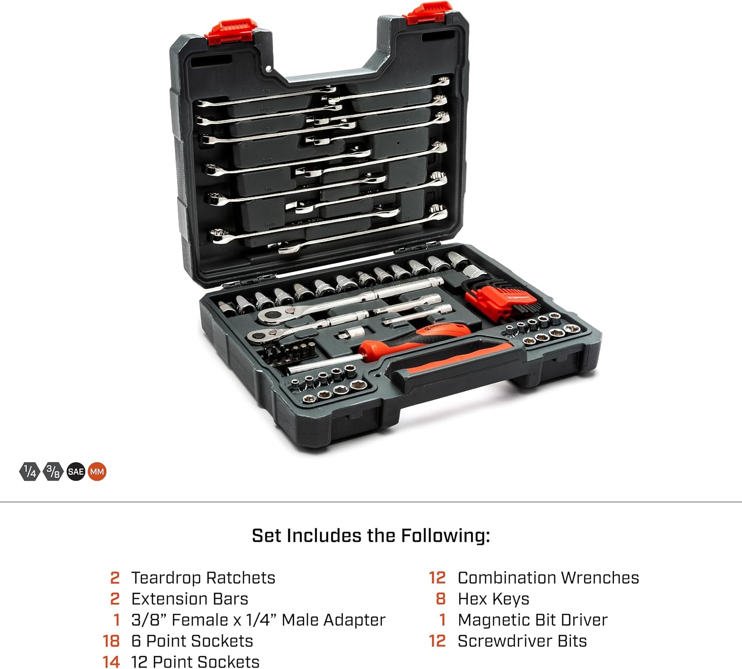 Crescent 70 Piece 1/4" & 3/8" Drive 6 & 12 Point Standard SAE/Metric Mechanics Tool Set - CTK70C
