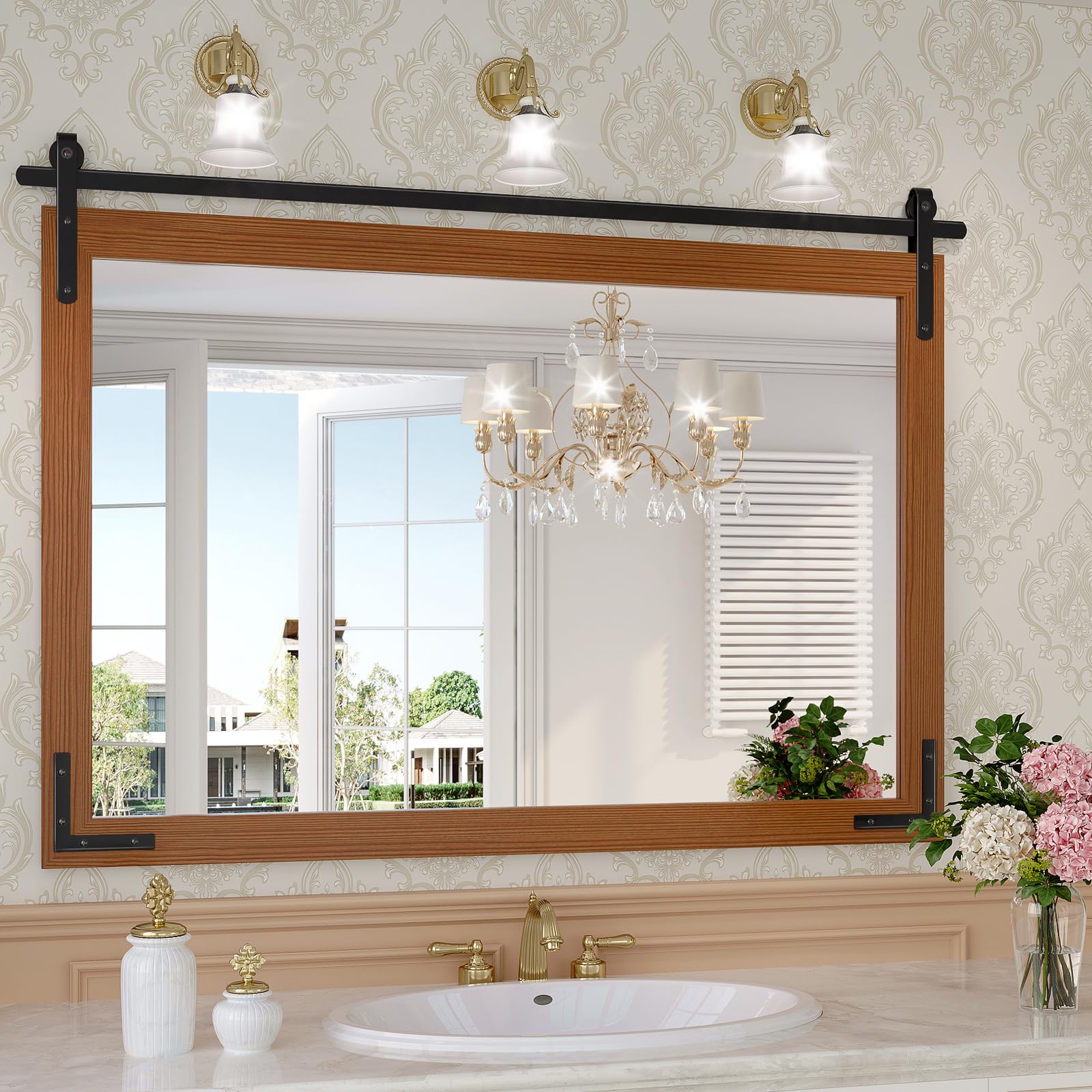 Farmhouse Bathroom Mirror, 40x30 Inch Brown Vanity Mirror for Wall, Wood Framed Rustic Mirror Rectangular Wall Decor Mirrors for Entryway Living Room Bedroom