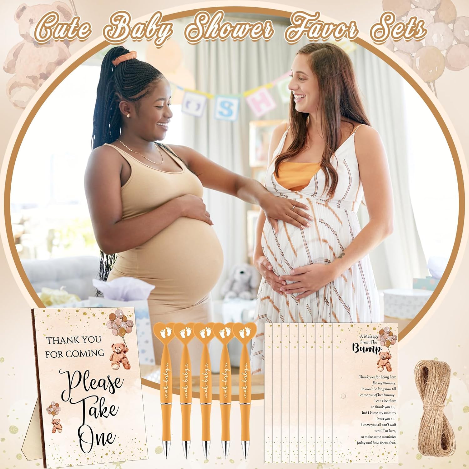 Qeeenar 50 Set Baby Shower Favors for Guest 1 Thank You for Coming Sign 50 Heart Shaped Ballpoint Pens 50 Thank You Cards with Twine Baby Shower Gender Reveal Party Return Gifts (Brown)