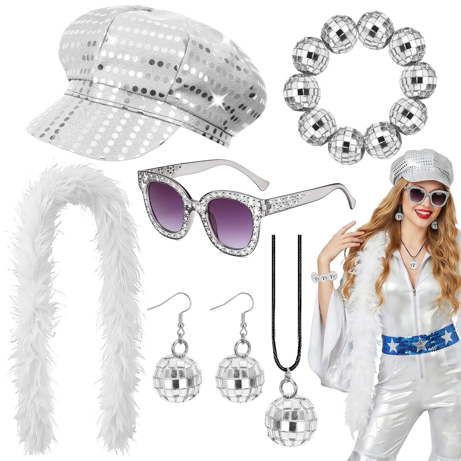 Vervora Disco Fancy Dress Accessories Set for Adults – 70s Disco Costume Kit with Feather Boa, Sequin Cap, Star Glasses, Disco Ball Necklace Earrings Bracelet for Theme Party (Silver)