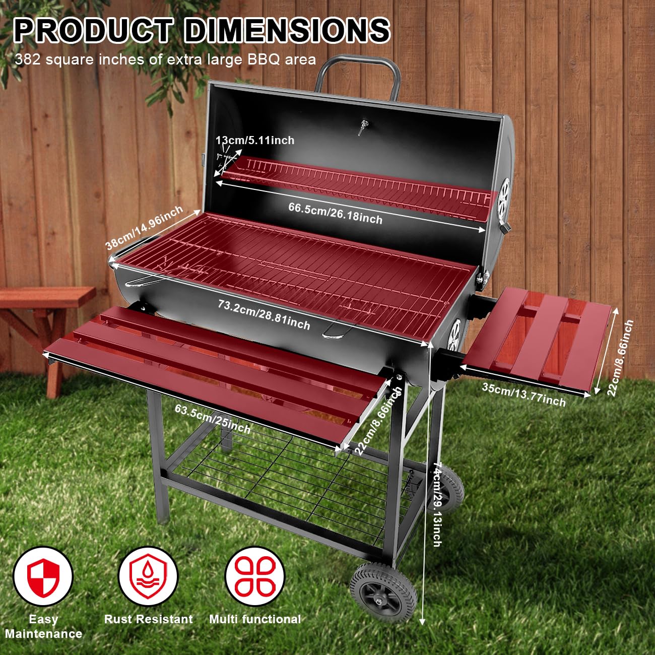 Parrilla de carbón con medidor de temperatura, parrilla grande para exteriores con mesa auxiliar, espacio de cocción de 565 pies cuadrados para 8-12 personas, ideal para acampar y barbacoa 3