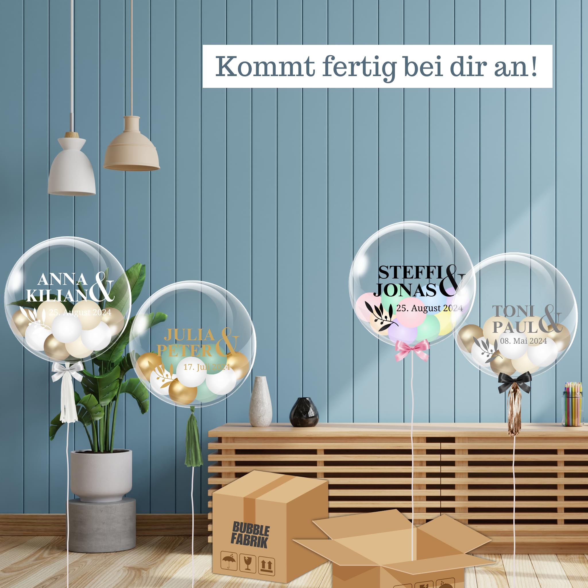 Botanical Wedding - Bubble Fabrik - Personalisiertes Ballongeschenk: Durchsichtiger Heliumballon mit Bunten Ballons, Geschenk zur Hochzeit, Hochzeitsmitbringsel